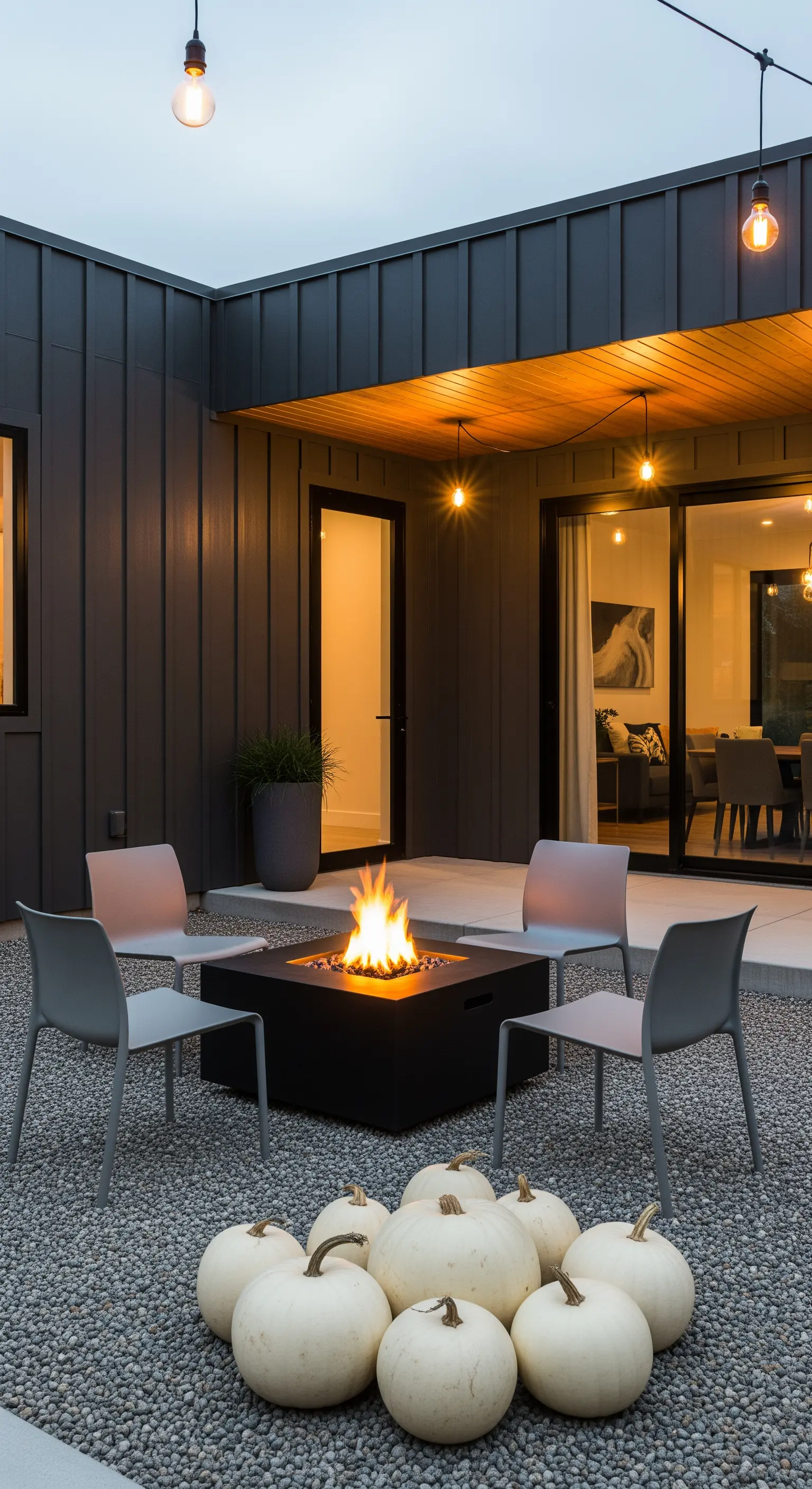 Außenbereich mit Feuerschale, weißen Kürbissen und Lichterketten