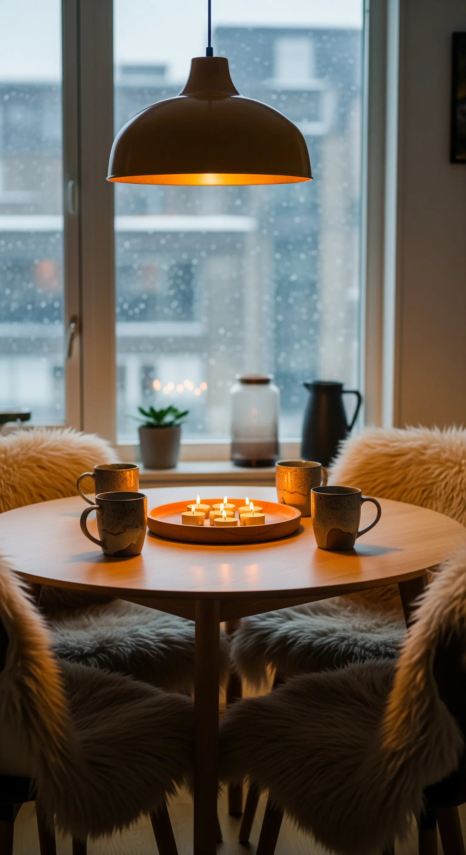 Esstisch mit Teelichtern, Holztisch, Fellen auf Stühlen und warmer Pendelleuchte.