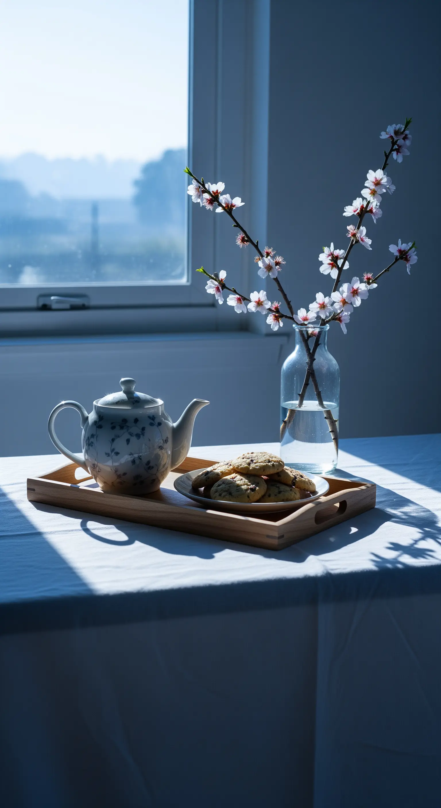 Teetablett mit Keksen und Kirschblüten im Sonnenlicht am Fenster