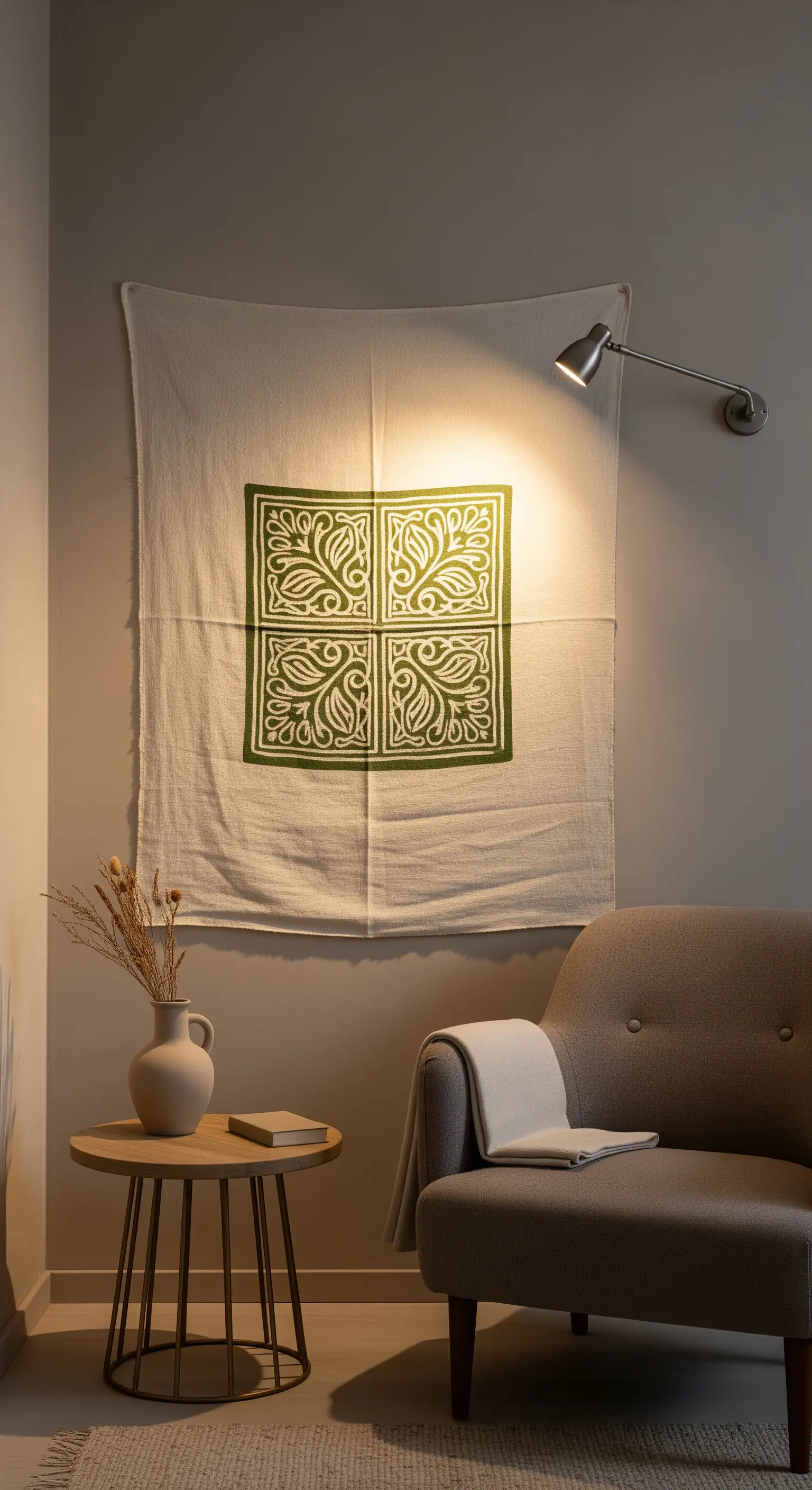 Bedrucktes Leinentuch als Wandbehang, angestrahlt von einer kleinen Lampe.