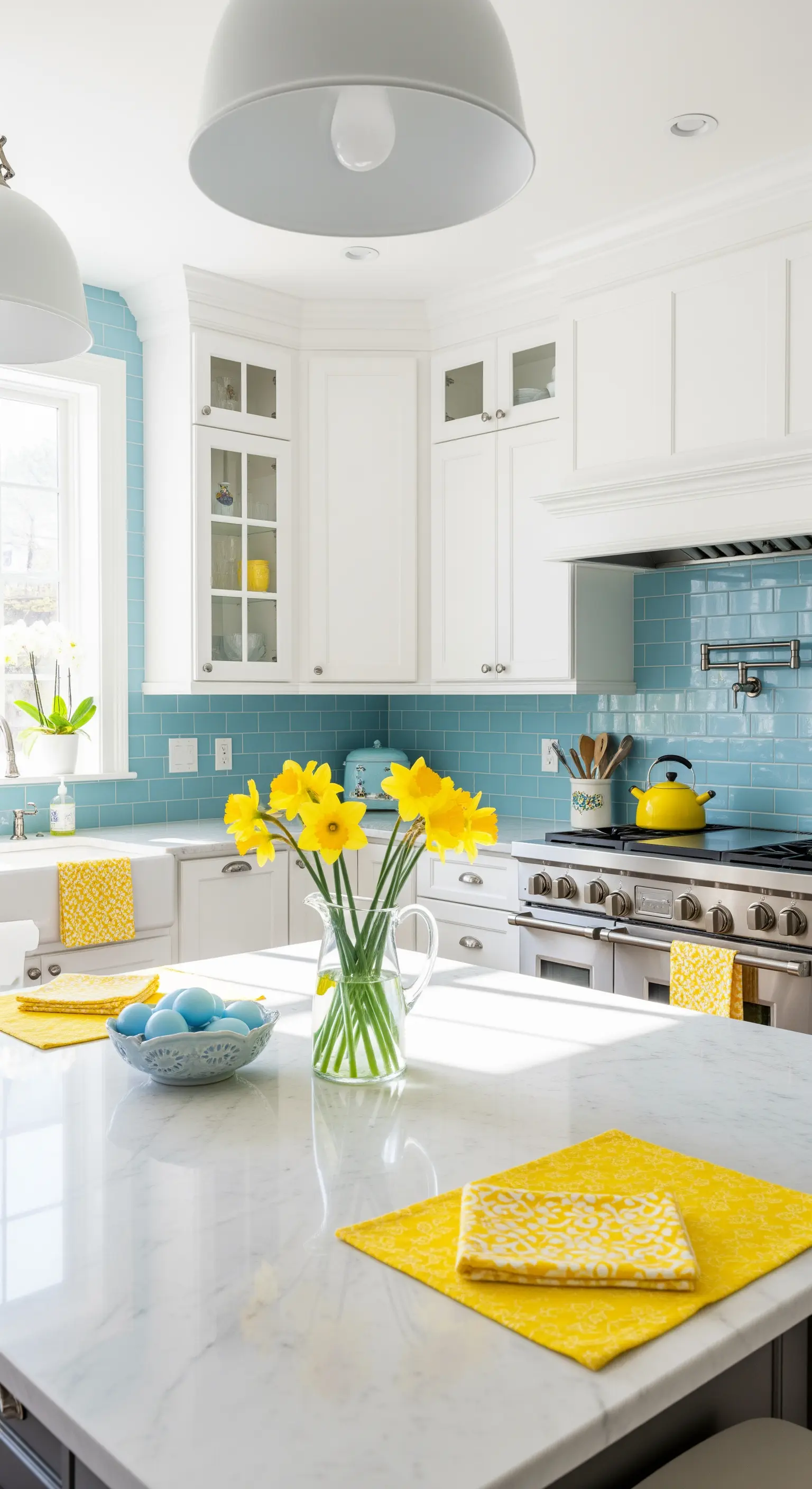 Küche mit türkisen Fliesen und gelben Akzenten, Narzissen auf der Insel.