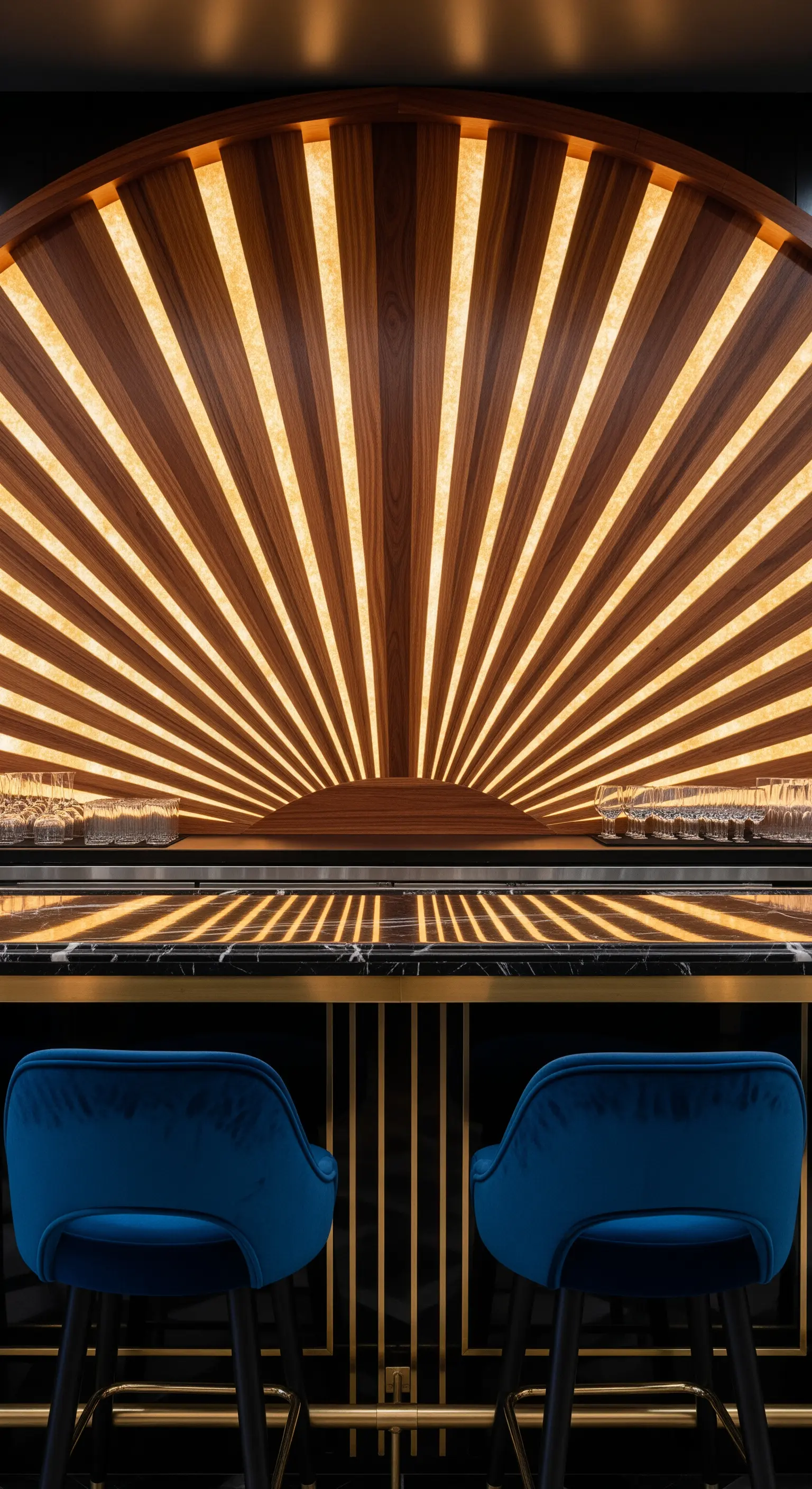 Fächerförmige Holzlamellen-Rückwand einer Bar mit strahlenförmiger Innenbeleuchtung.