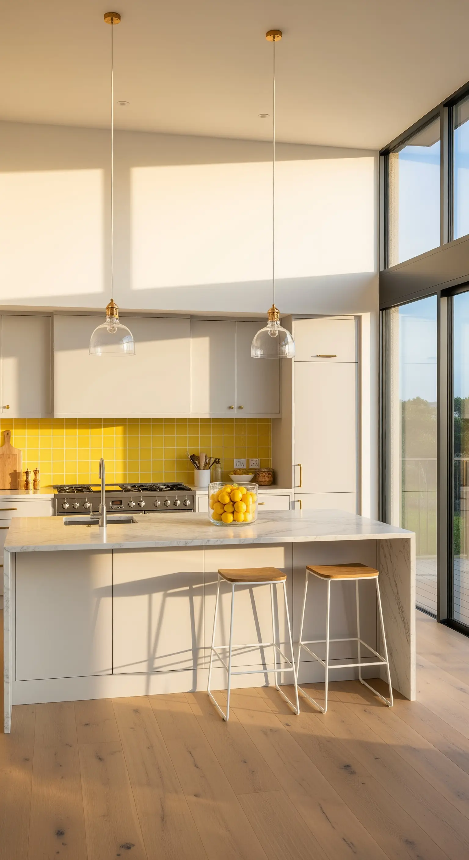 Kücheninsel mit Zitronen und gelber Akzentfliese.
