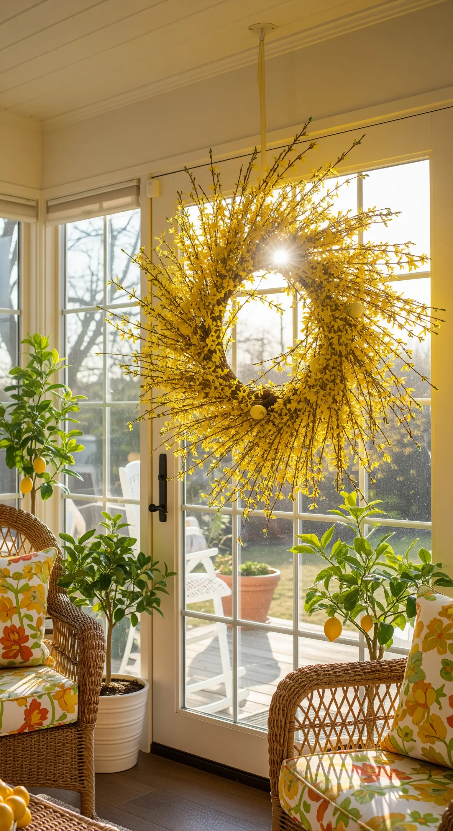 Großer Forsythienkranz in einem sonnigen Wintergarten