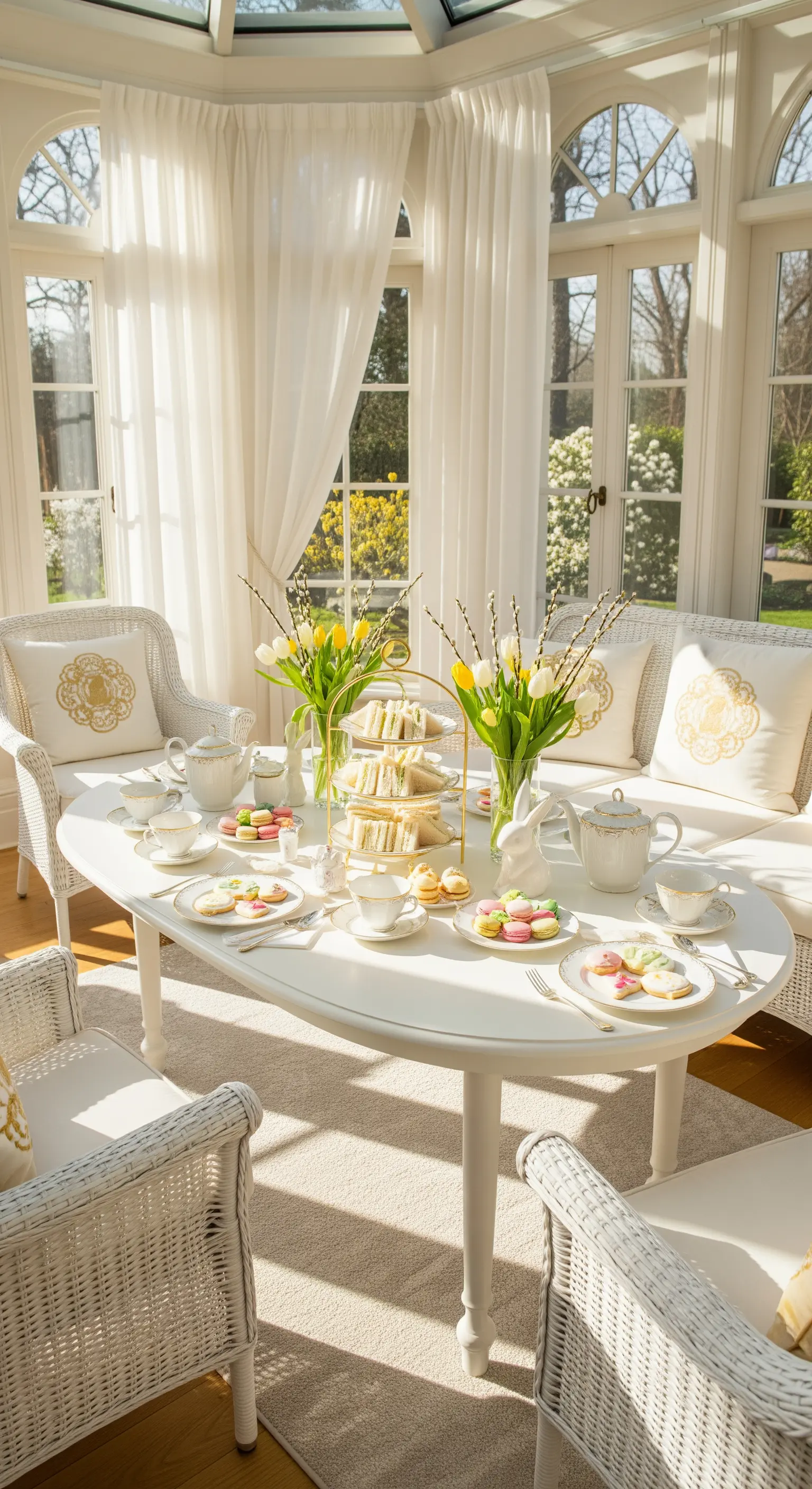 Heller Wintergarten mit Oster-Tafel und Teatime-Gebäck