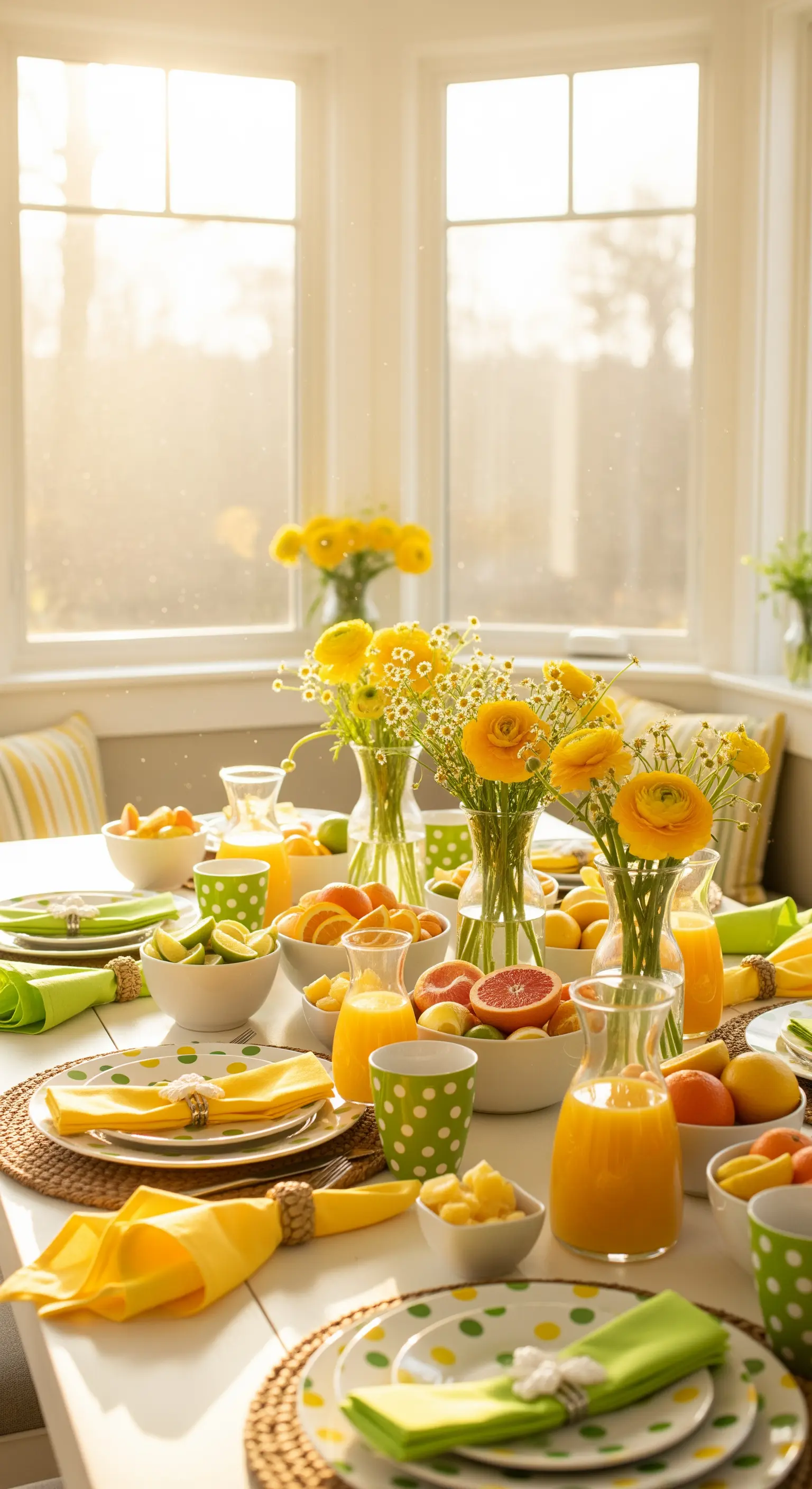 Osterbrunch mit Zitrusfrüchten, gelben Blumen und gepunktetem Geschirr