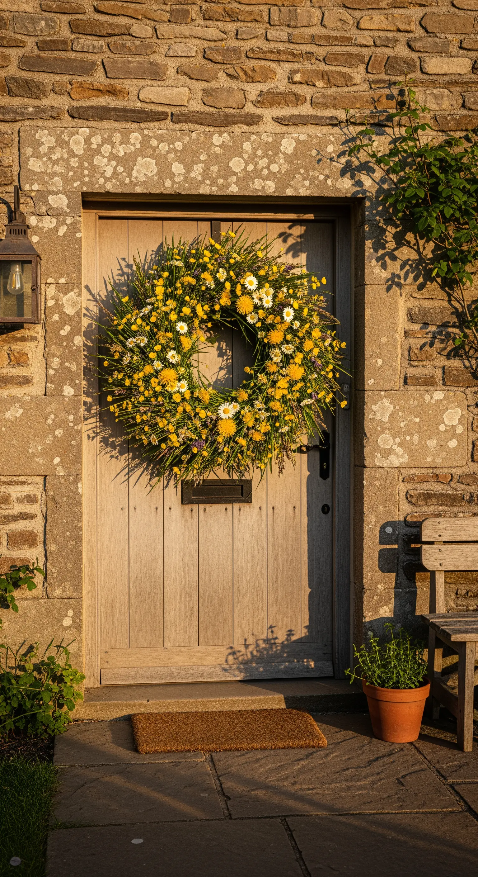 Üppiger Wildblumenkranz in Gelb-Weiß auf rustikaler Holztür eines Steinhauses
