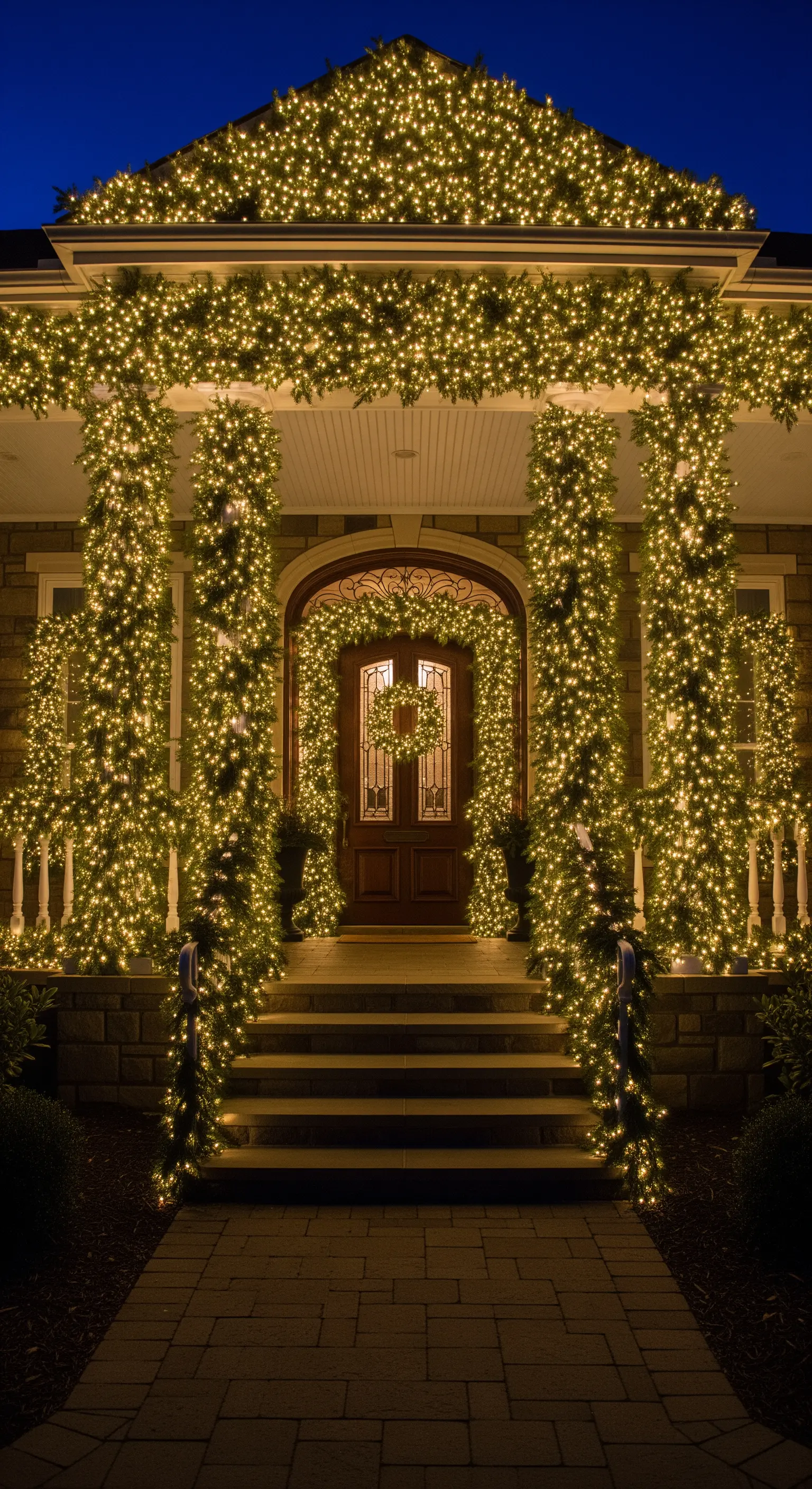 Hausfassade mit opulenten, warmweiß beleuchteten Tannengirlanden und Bäumen.