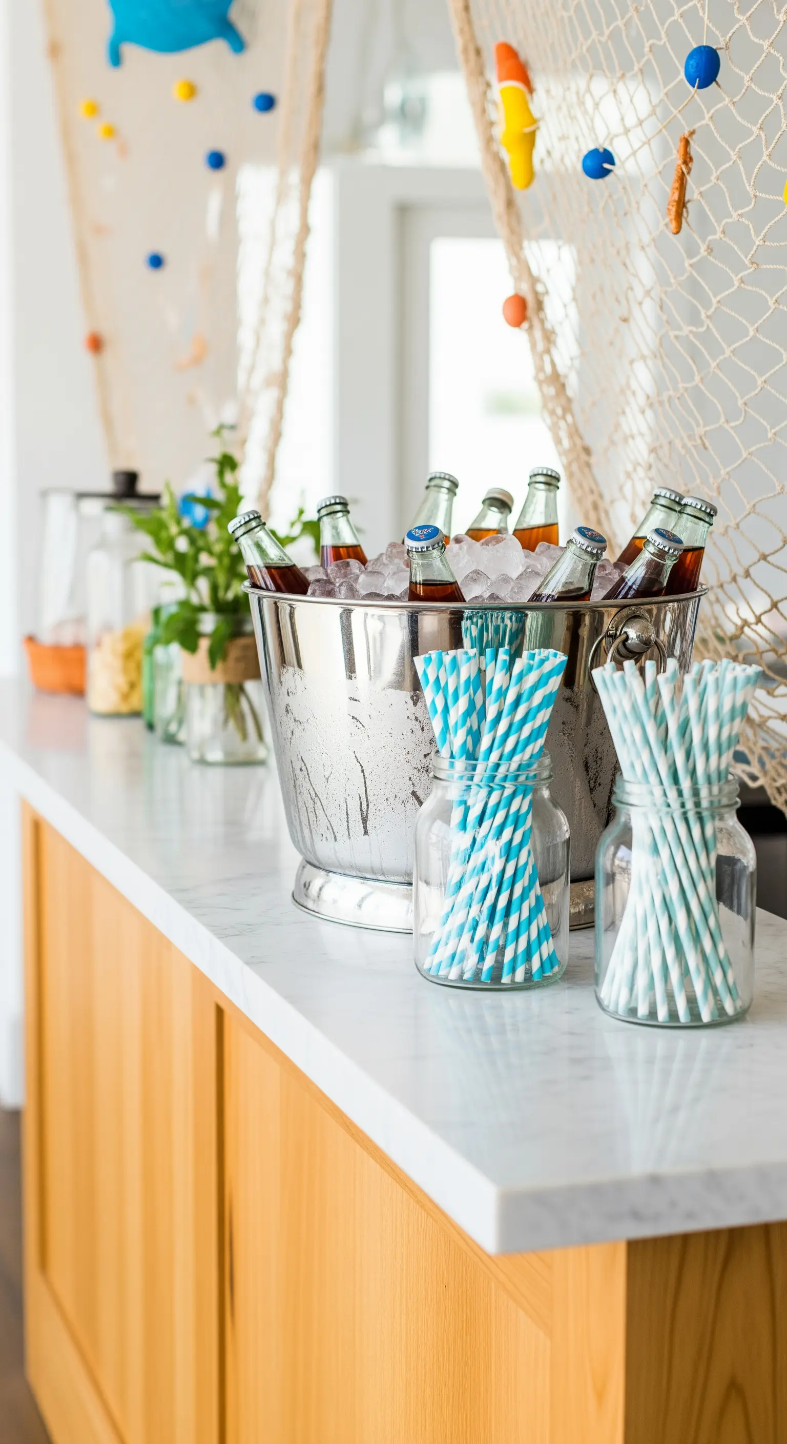 Bar-Station mit Eiskübel, blauen Trinkhalmen und Fischernetz-Deko
