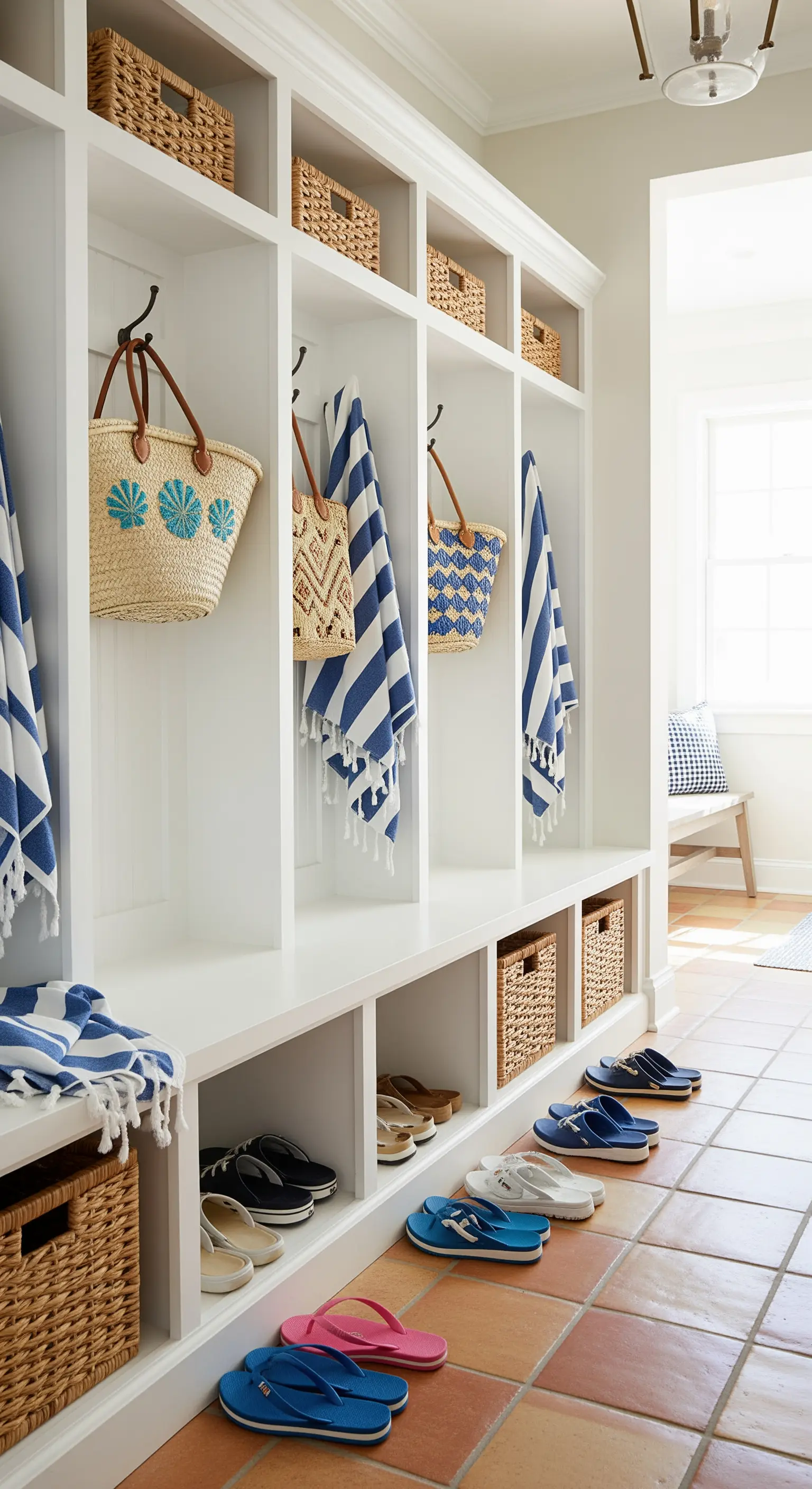 Mudroom mit weißen Schränken, blauen Strandtüchern und Bastkörben