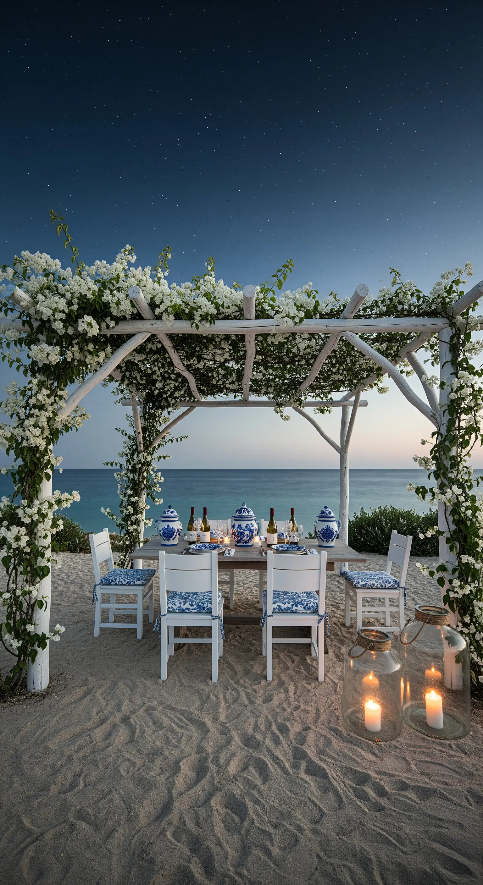 Strand, weiße Pergola, Kletterpflanzen, blau-weiße Deko, Laternen