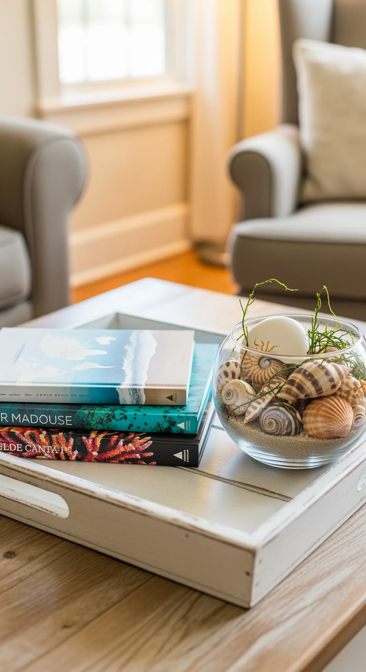 Couchtisch mit weißem Tablett, Büchern und Glasschale voller Muscheln und Sand.