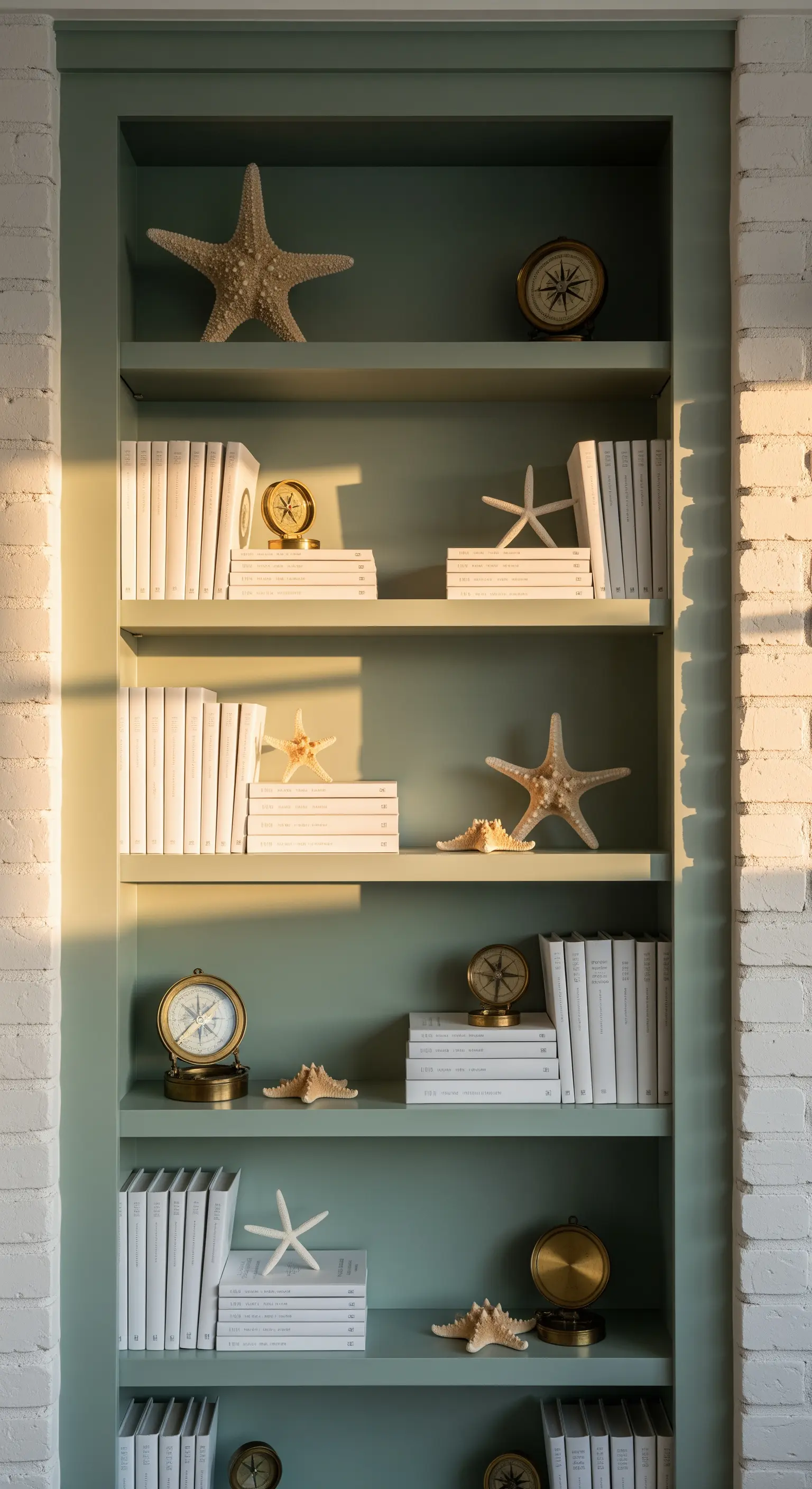 Hellgrünes Bücherregal mit weißen Büchern, Seesternen und nautischen Kompassen.