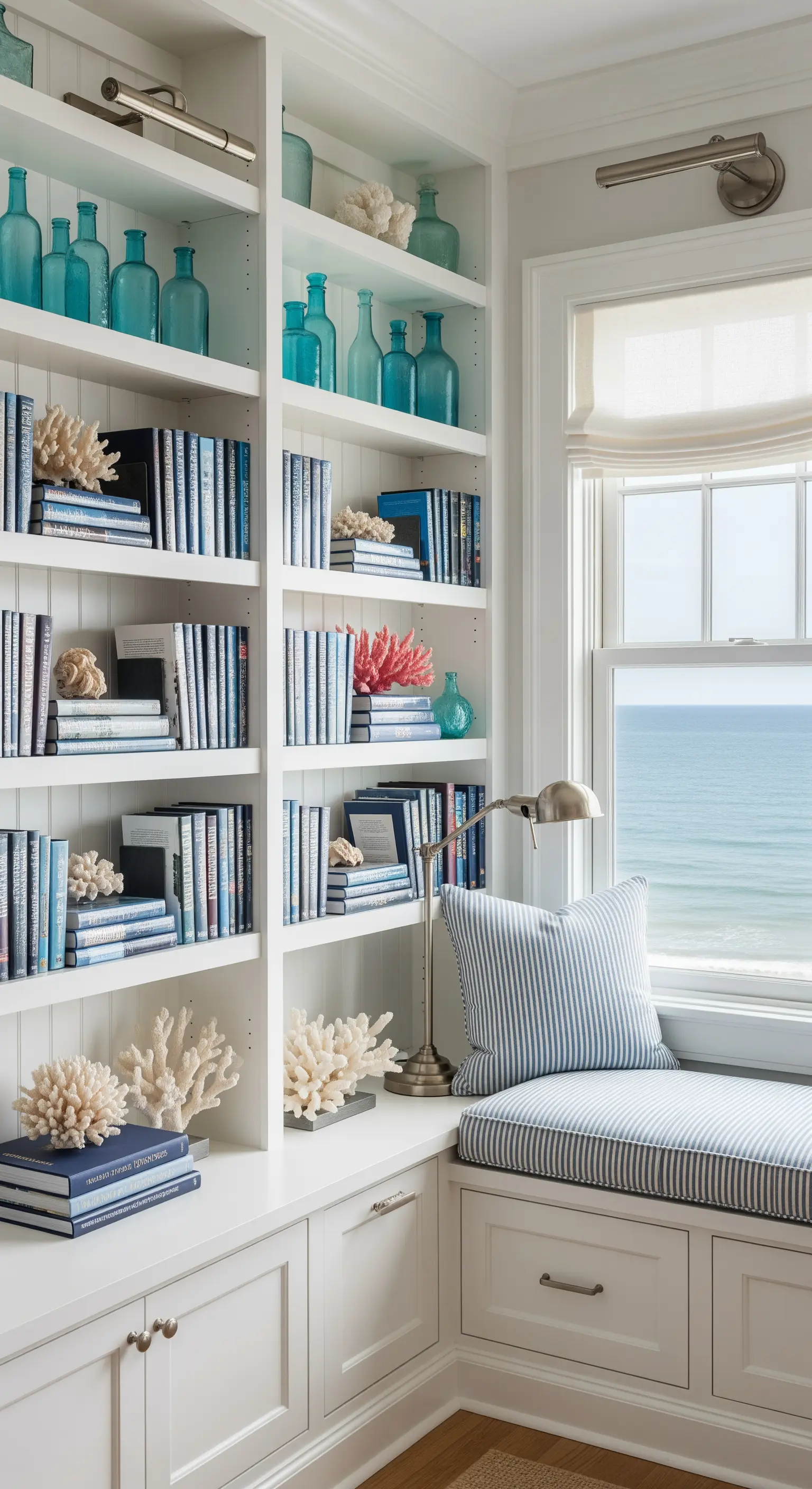 Strandhaus Bibliothek, Einbauregale, Meerblick, Leseecke, Korallendeko, Seeglas