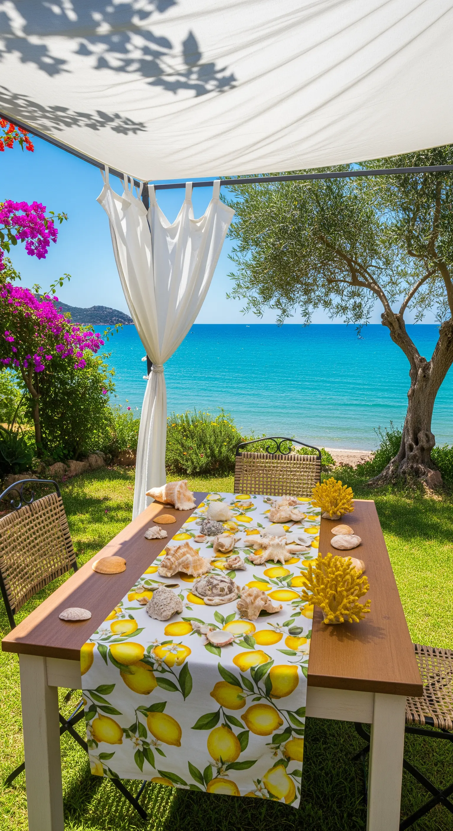 Strandtisch mit Zitronenläufer, Muscheln und weißem Sonnensegel