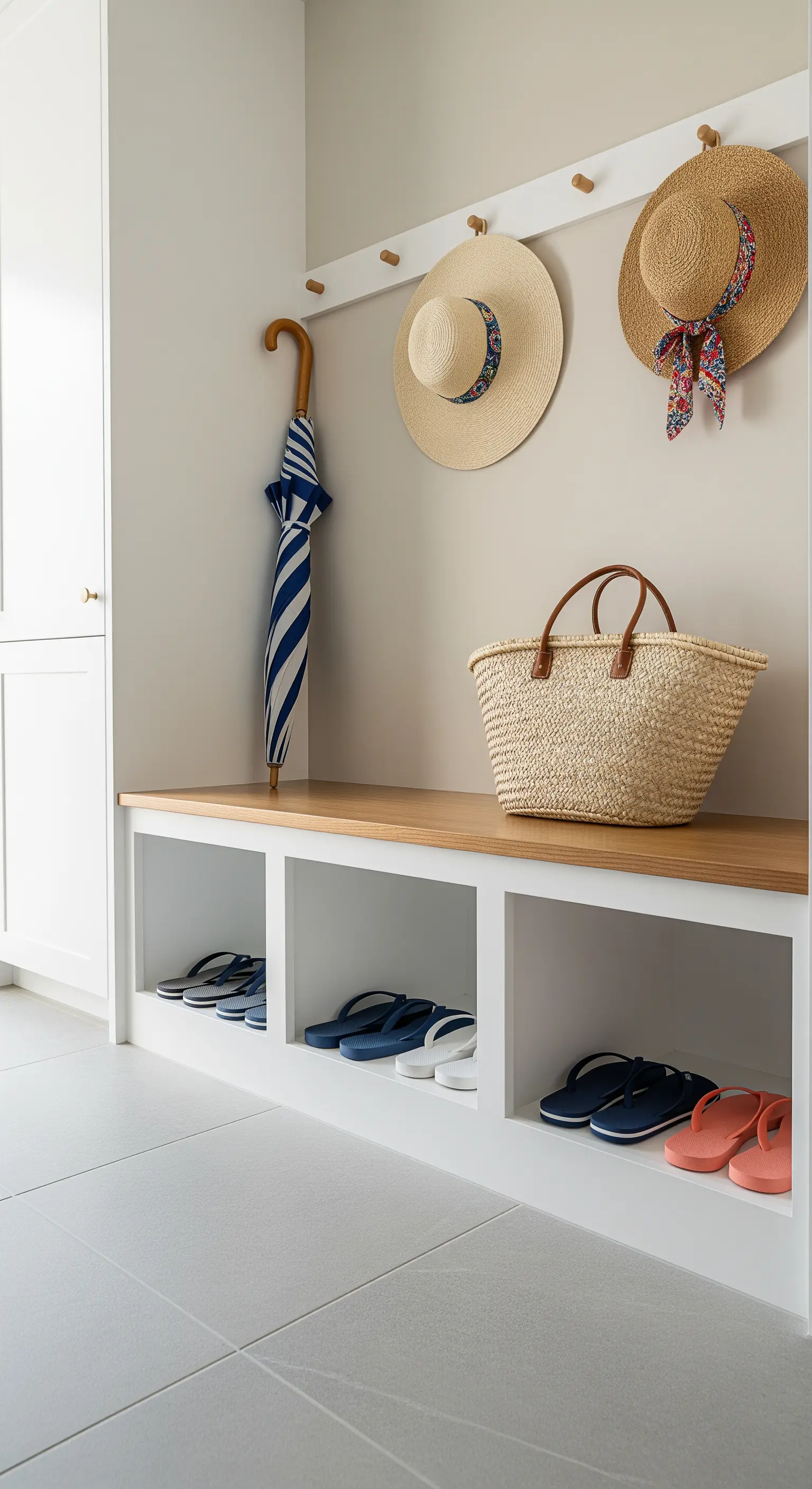 Eingangsbereich, Sitzbank, Flip-Flops, Strohhüte