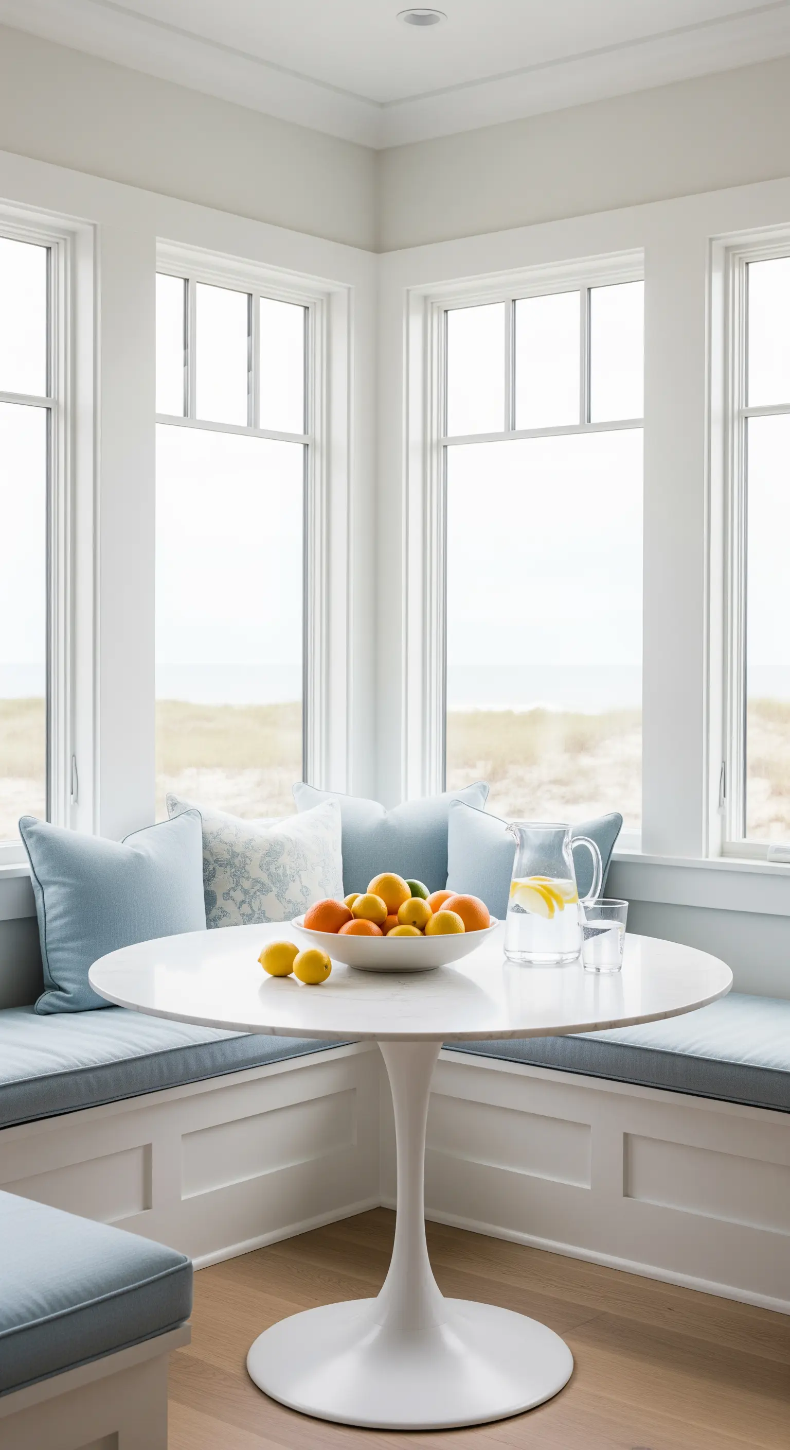 Frühstücksecke mit hellblauer Sitzbank, weißem Tisch und Zitrusfrüchten