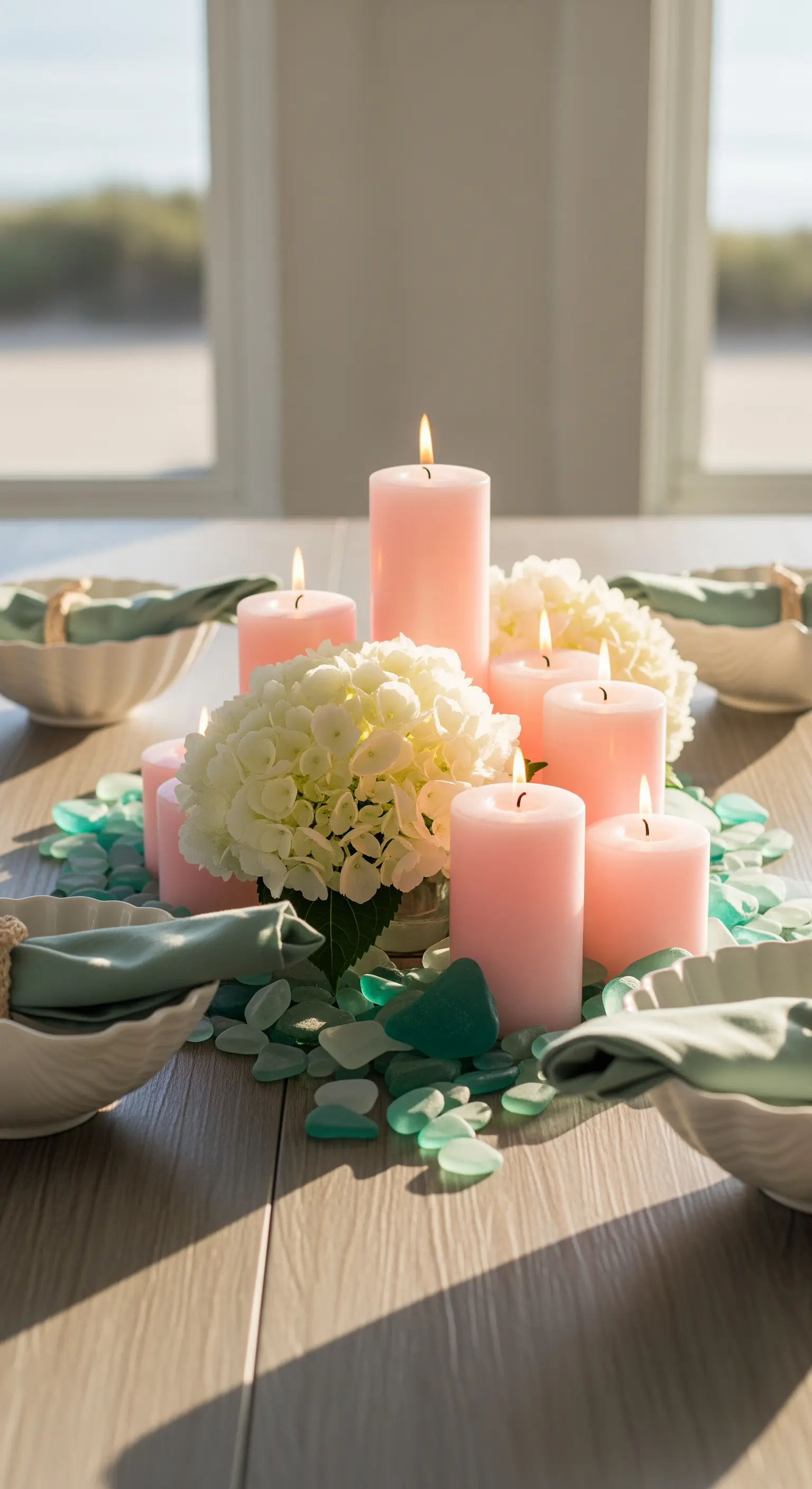 Strandige Tischdekoration mit rosa Kerzen, Hortensien und türkisfarbenem Seeglas