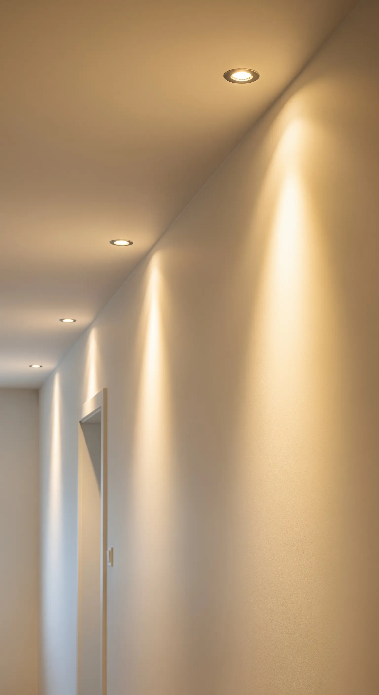 Deckenspots, die eine cremefarbene Wand mit Streiflicht beleuchten und die Textur hervorheben.