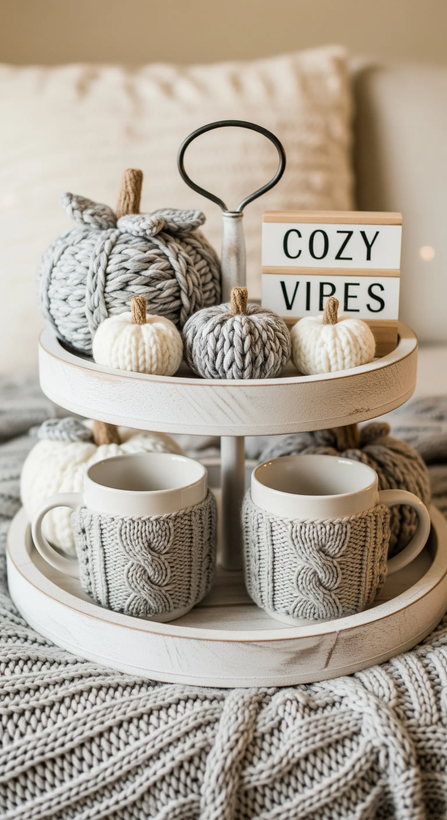 Gemütliche Herbst-Etagere mit gestrickten Kürbissen und Tassenwärmern.