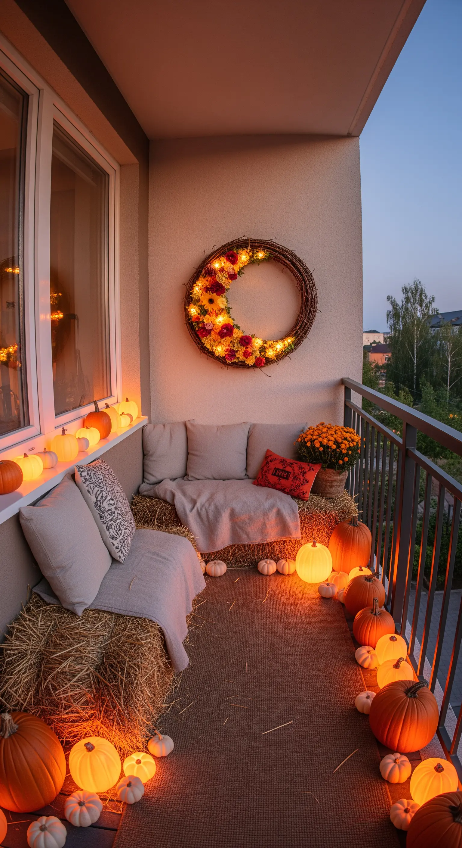 Balkon mit Strohballen-Lounge, Lichterkranz und leuchtenden Kürbissen