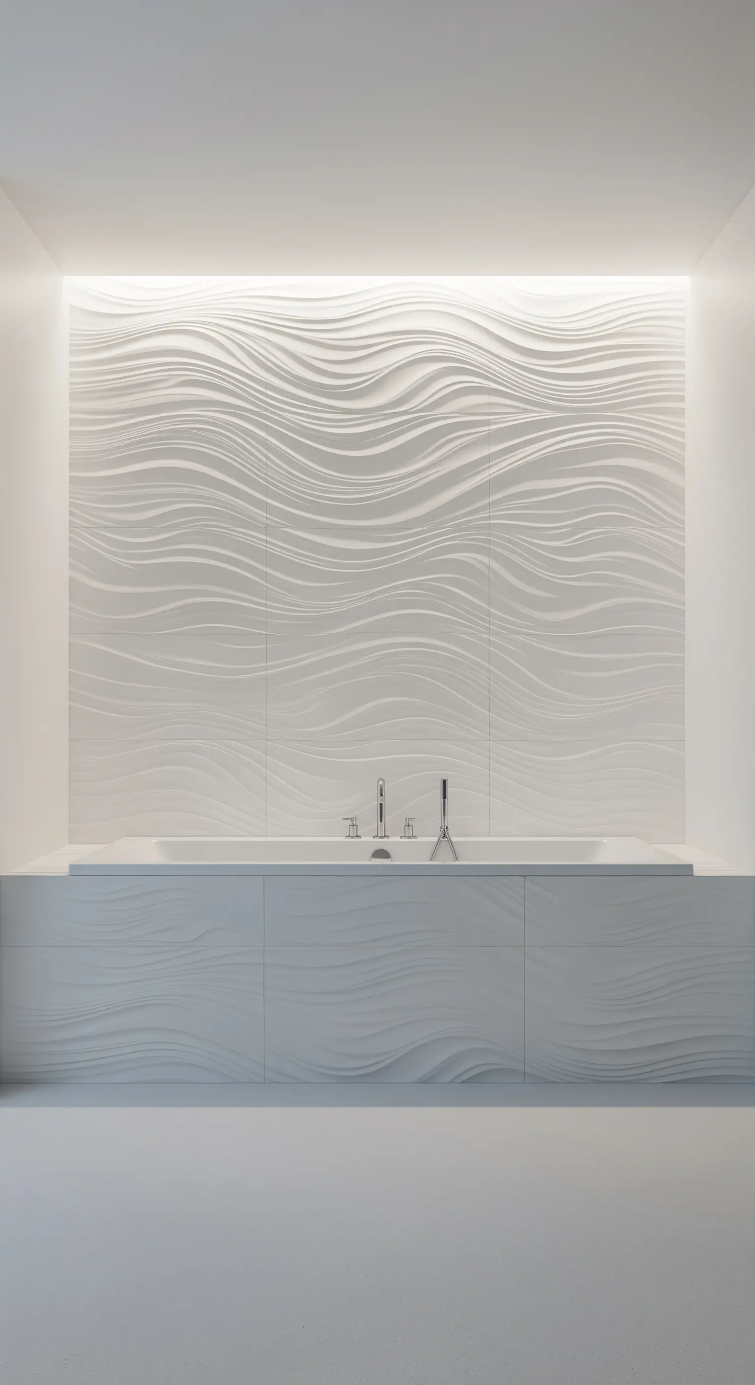 Minimalistisches weißes Badezimmer mit dreidimensionalen Wandfliesen in Wellenform.