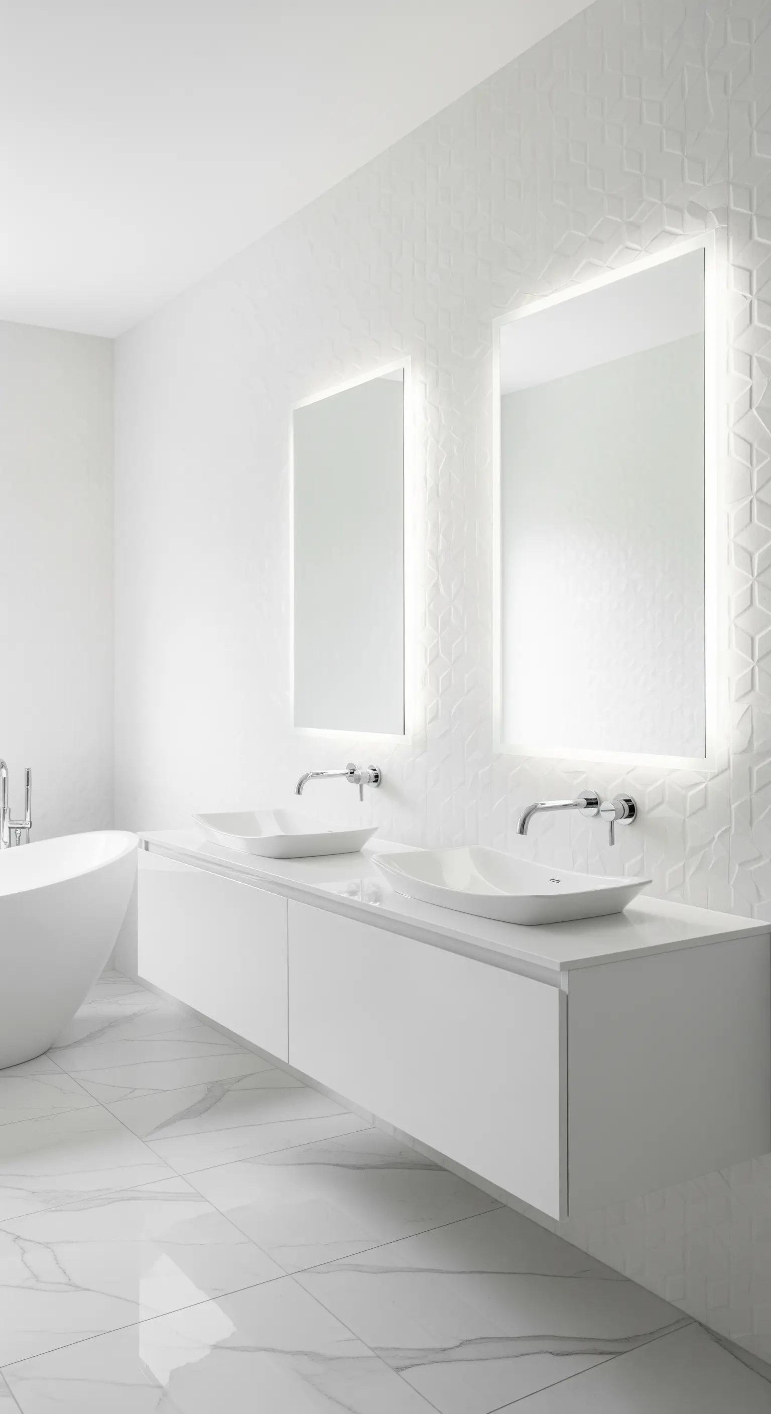 Minimalistisches weißes Badezimmer mit 3D-Strukturwand und hinterleuchteten Spiegeln.