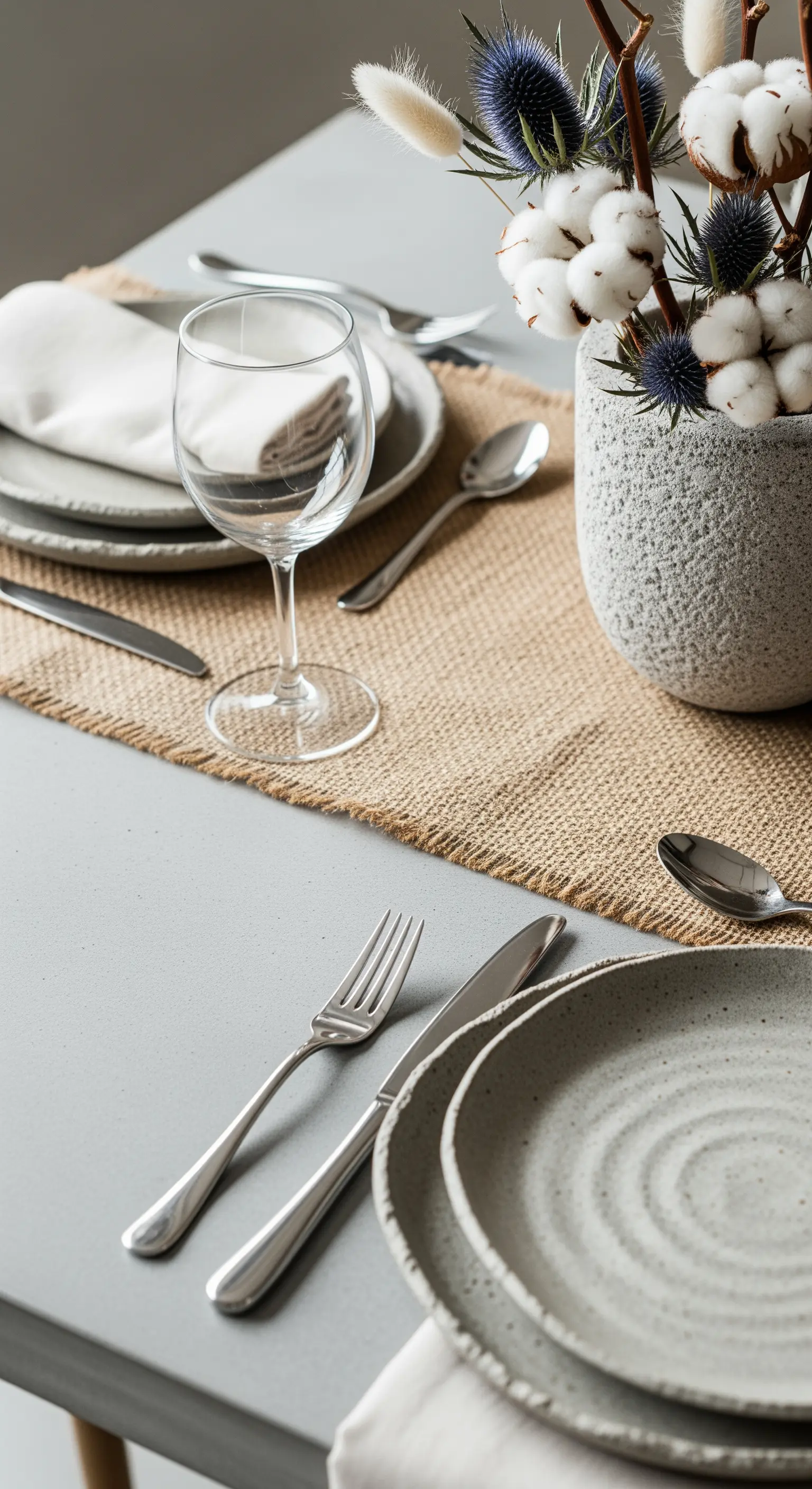 Minimalistische Tischdeko mit grauem Steingut, Jute-Läufer und Trockenblumen.