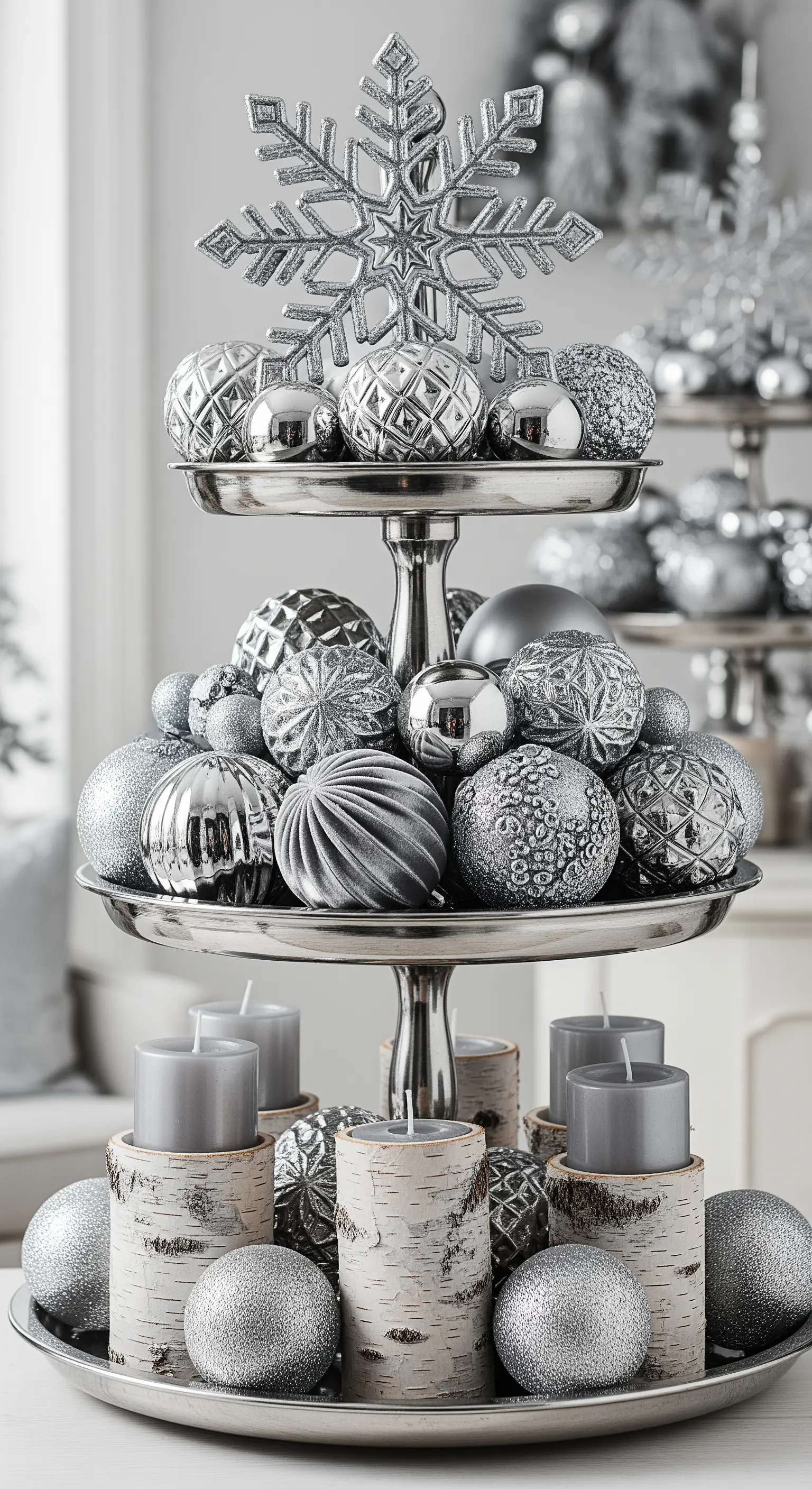 Silberne Etagere mit strukturierten Kugeln und Kerzenhaltern aus Birkenholz.