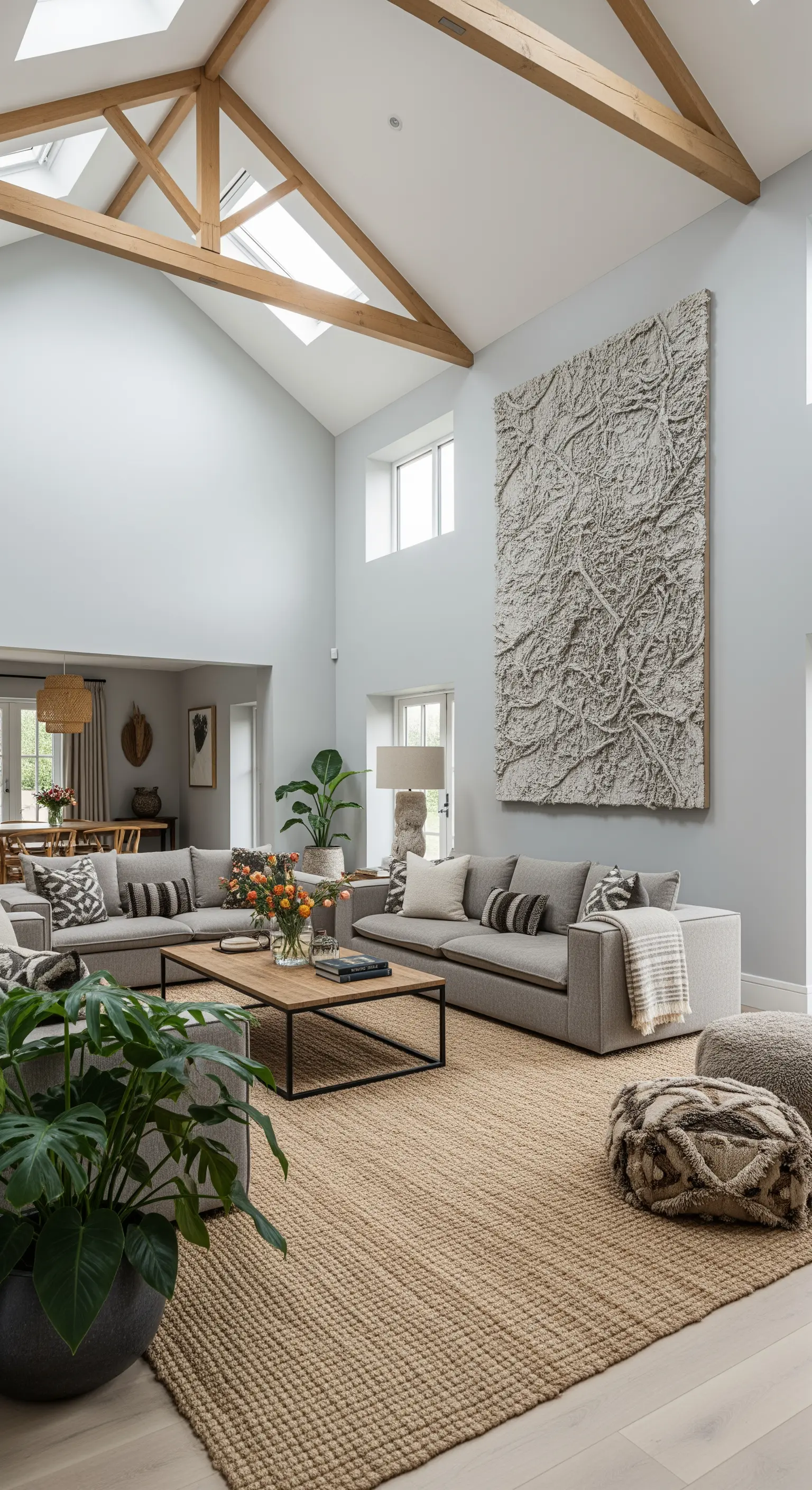 Hohes Wohnzimmer mit sichtbaren Holzbalken, großem texturiertem Wandbild und Jute-Teppich.