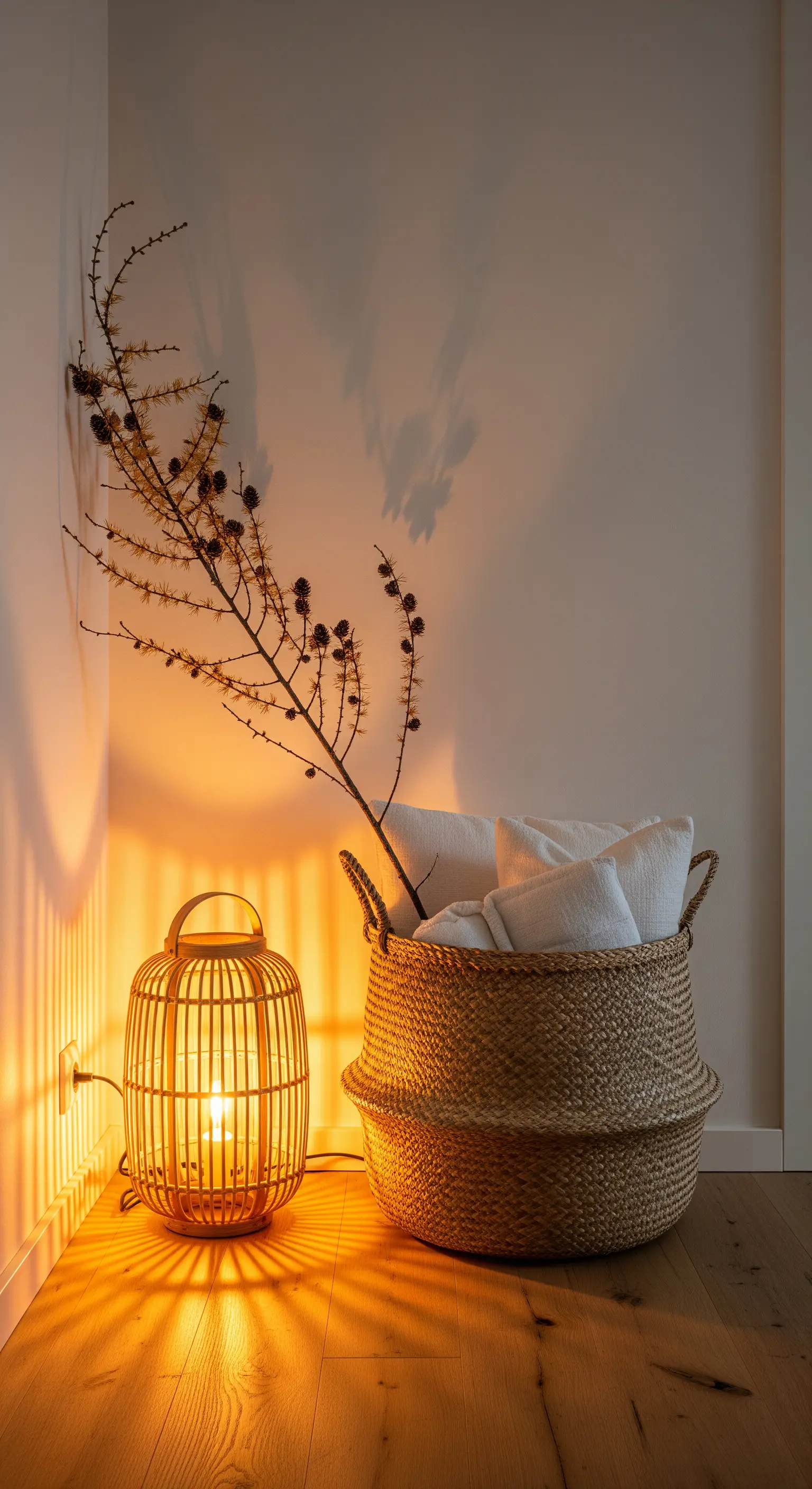 Rattan-Laterne, Korb mit Decken, Ast mit Zapfen in gemütlicher Ecke