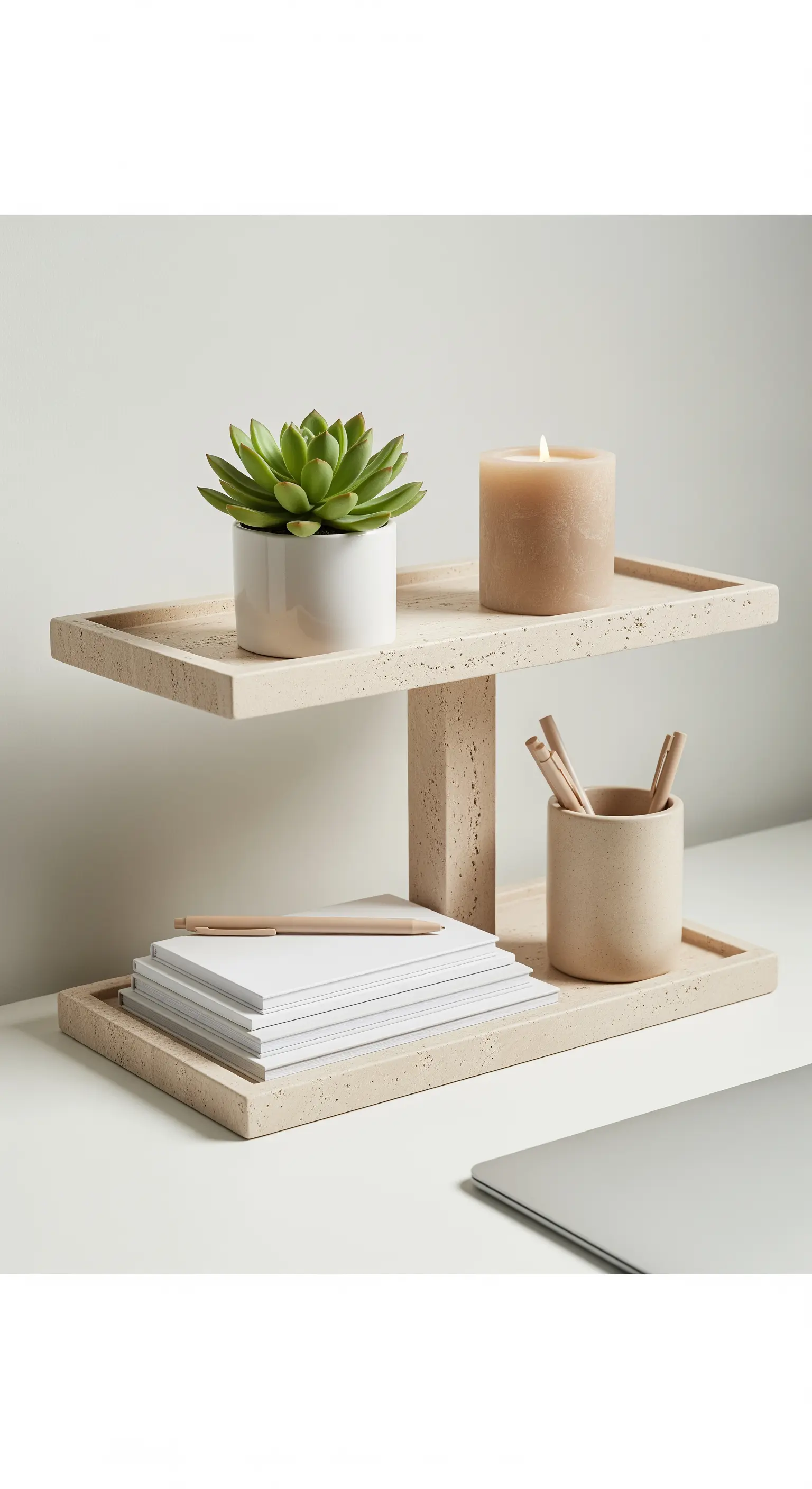 Moderne, zweistöckige Etagere aus Travertin auf einem Schreibtisch, organisiert mit Stiften und Notizen.