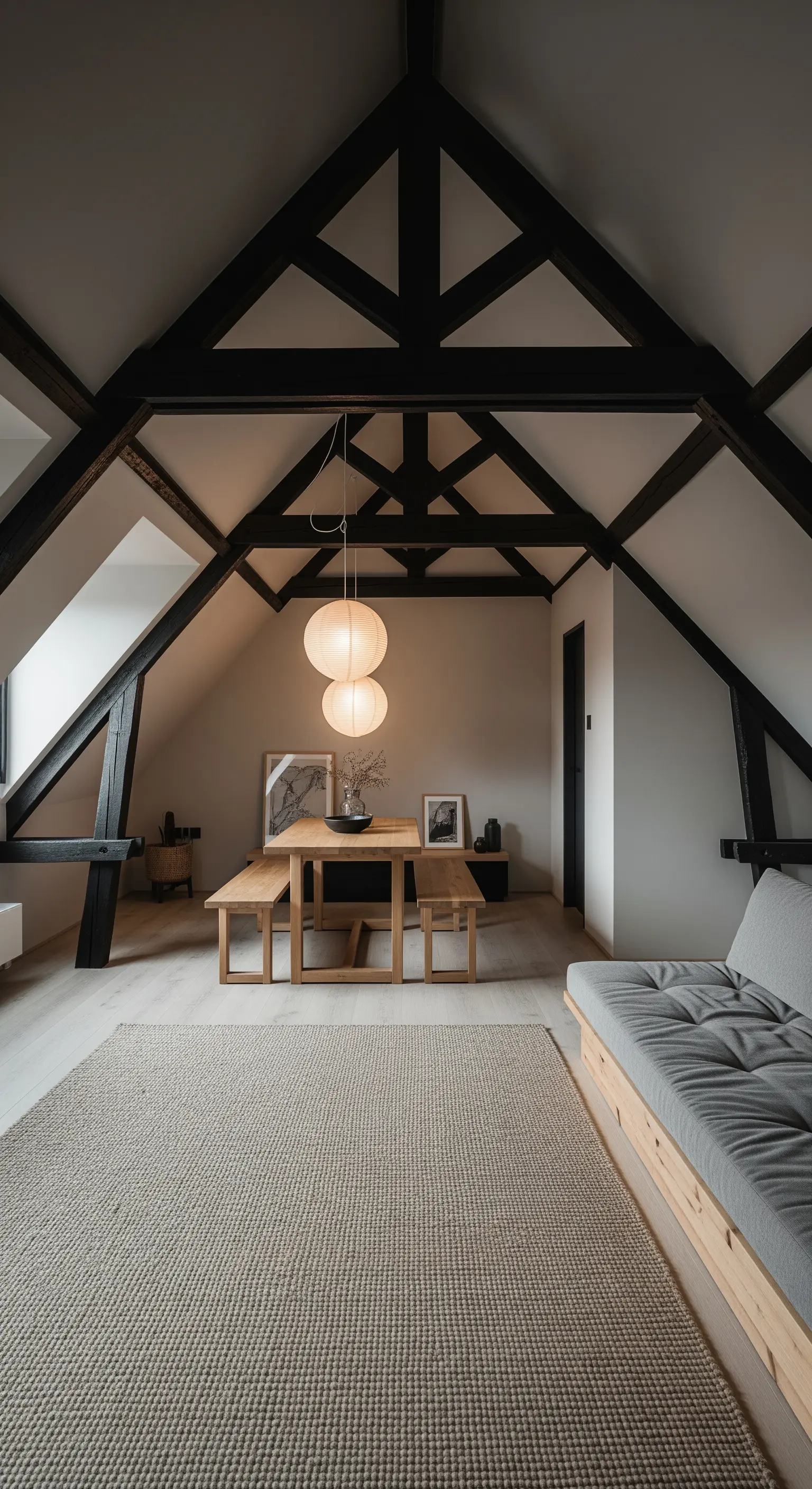 Essbereich unter dunklen, sichtbaren Holzbalken mit Holztisch und großen Papierlampen.