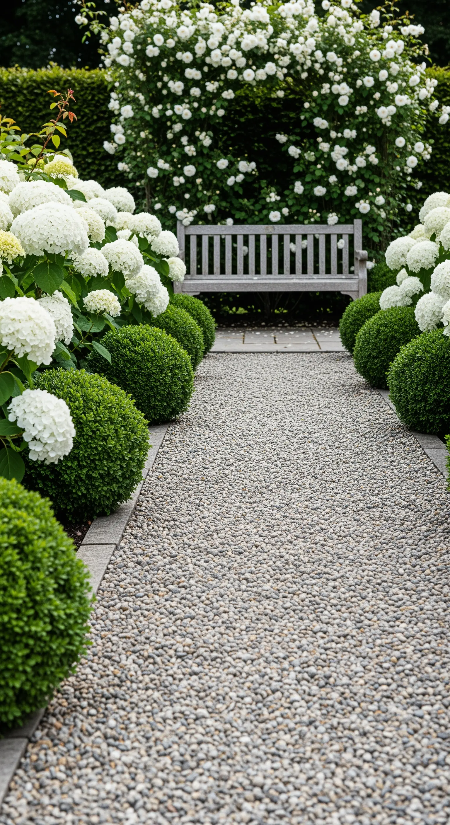 Heller Kiesweg mit Buchsbaumkugeln und weißen Hortensien, Holzsitzbank