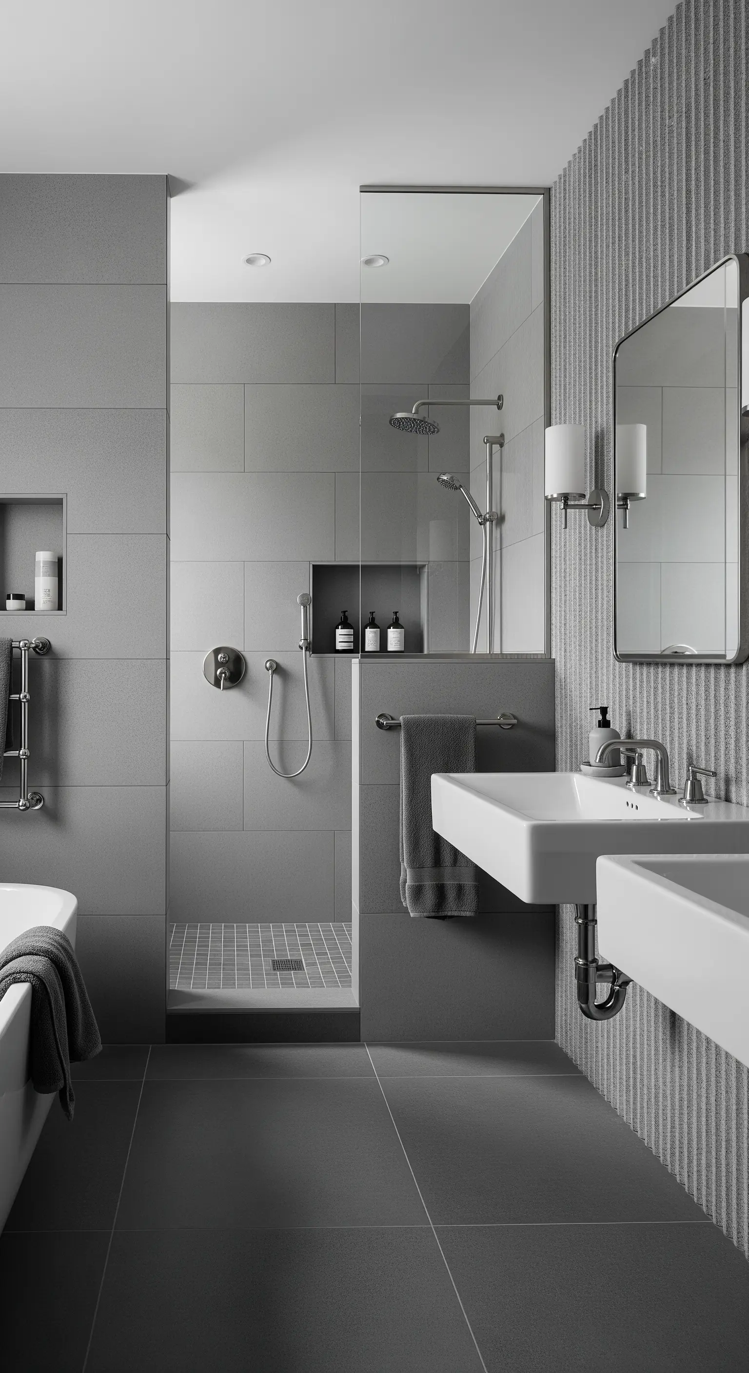 Graues Badezimmer mit strukturierten Wandfliesen und einer halbhohen Duschwand