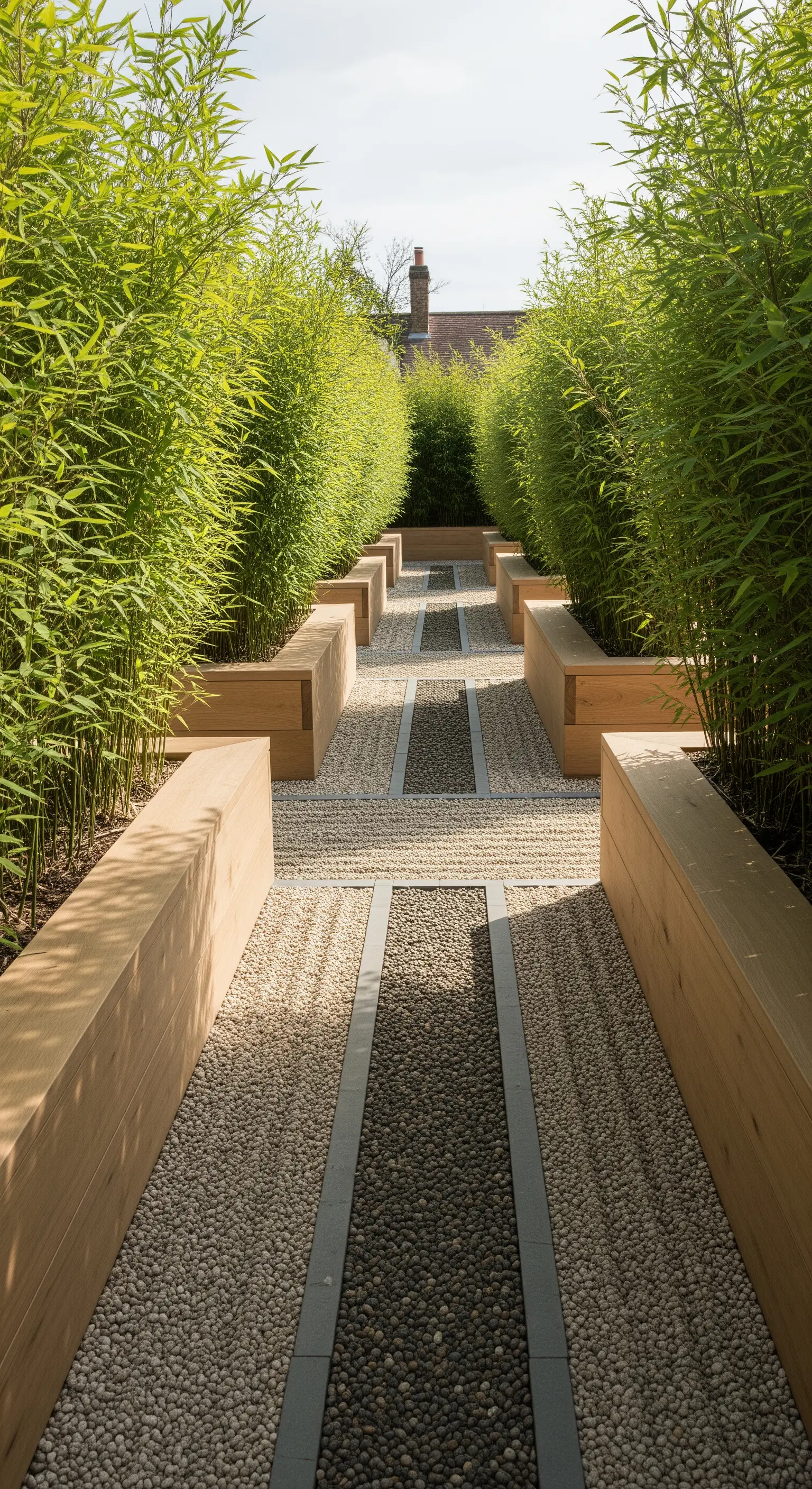 Japandi-Garten mit erhöhten Holzbeeten, Bambus und unterschiedlichen Kieswegen
