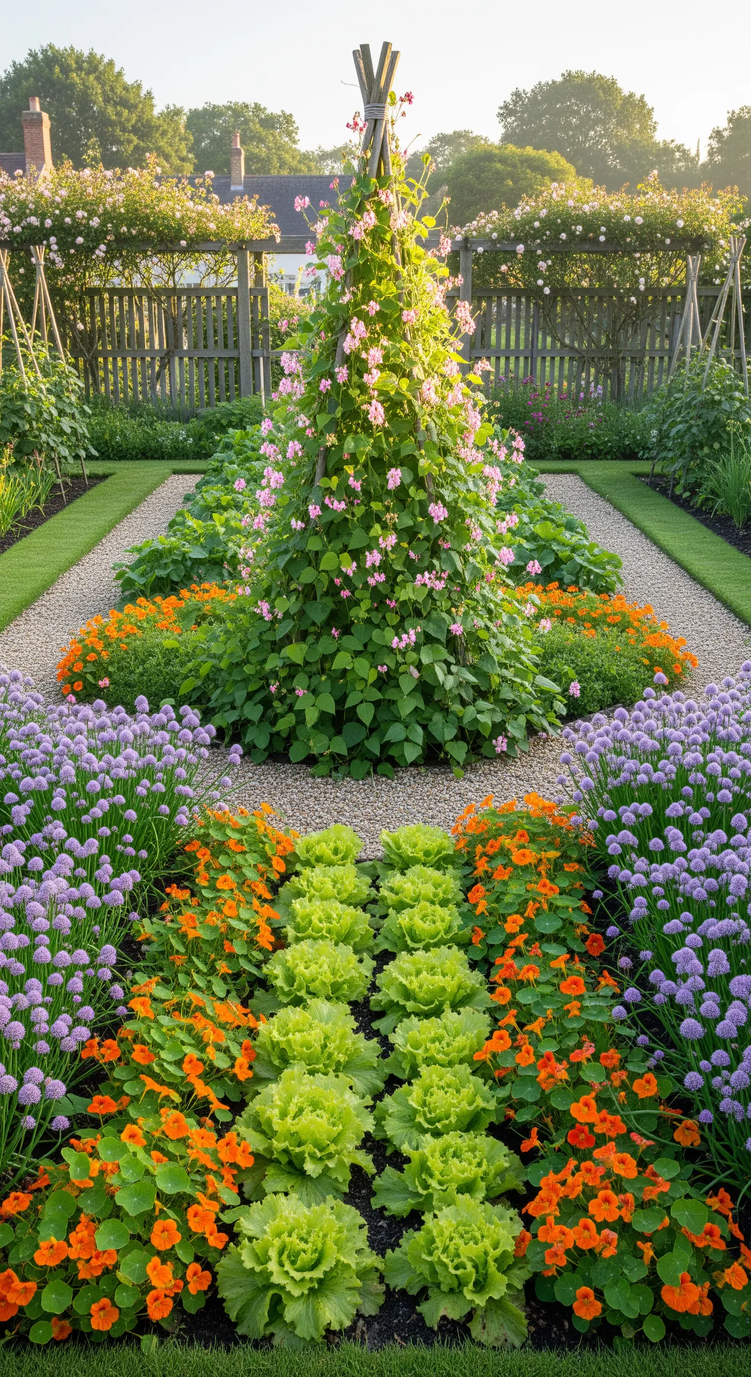 Strukturierter Bauerngarten mit Zierkohl, Kapuzinerkresse und Zierlauch