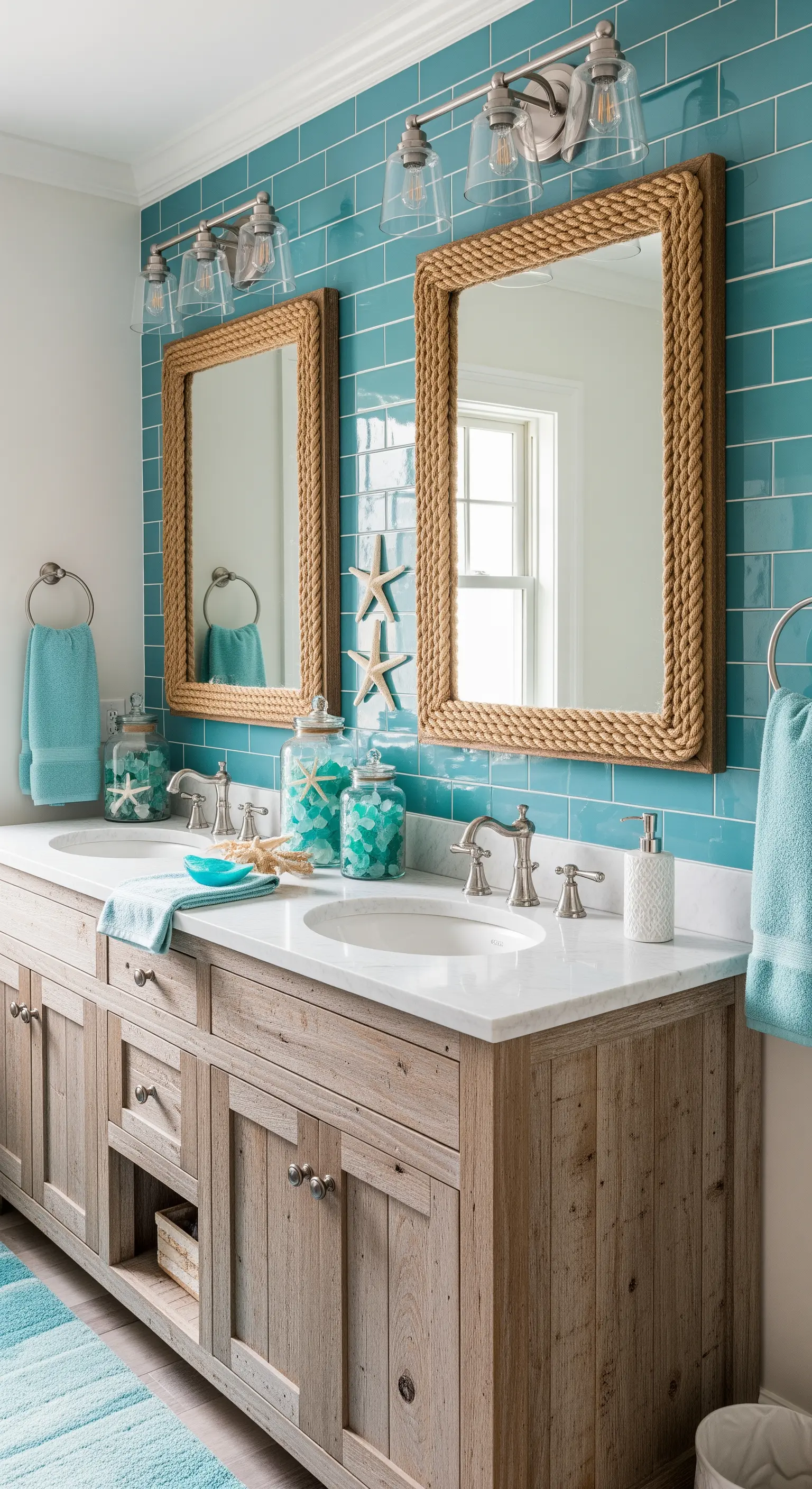 Maritimes Badezimmer mit Aquamarin-Fliesen, Seil-Spiegeln, Holz-Waschtisch und türkisen Akzenten.