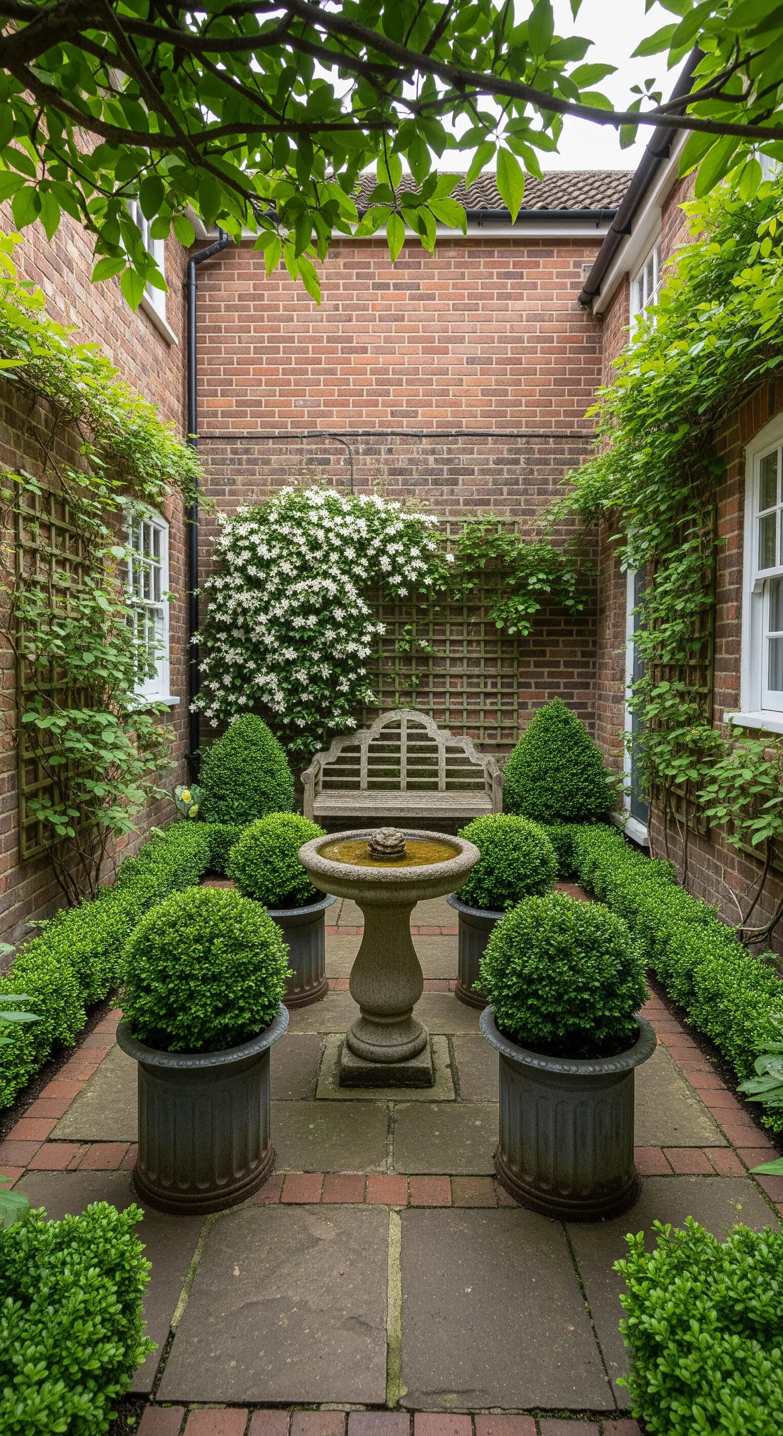 Hofgarten mit Buchsbaumkugeln, Steinbrunnen, Holzbank und Kletterpflanzen