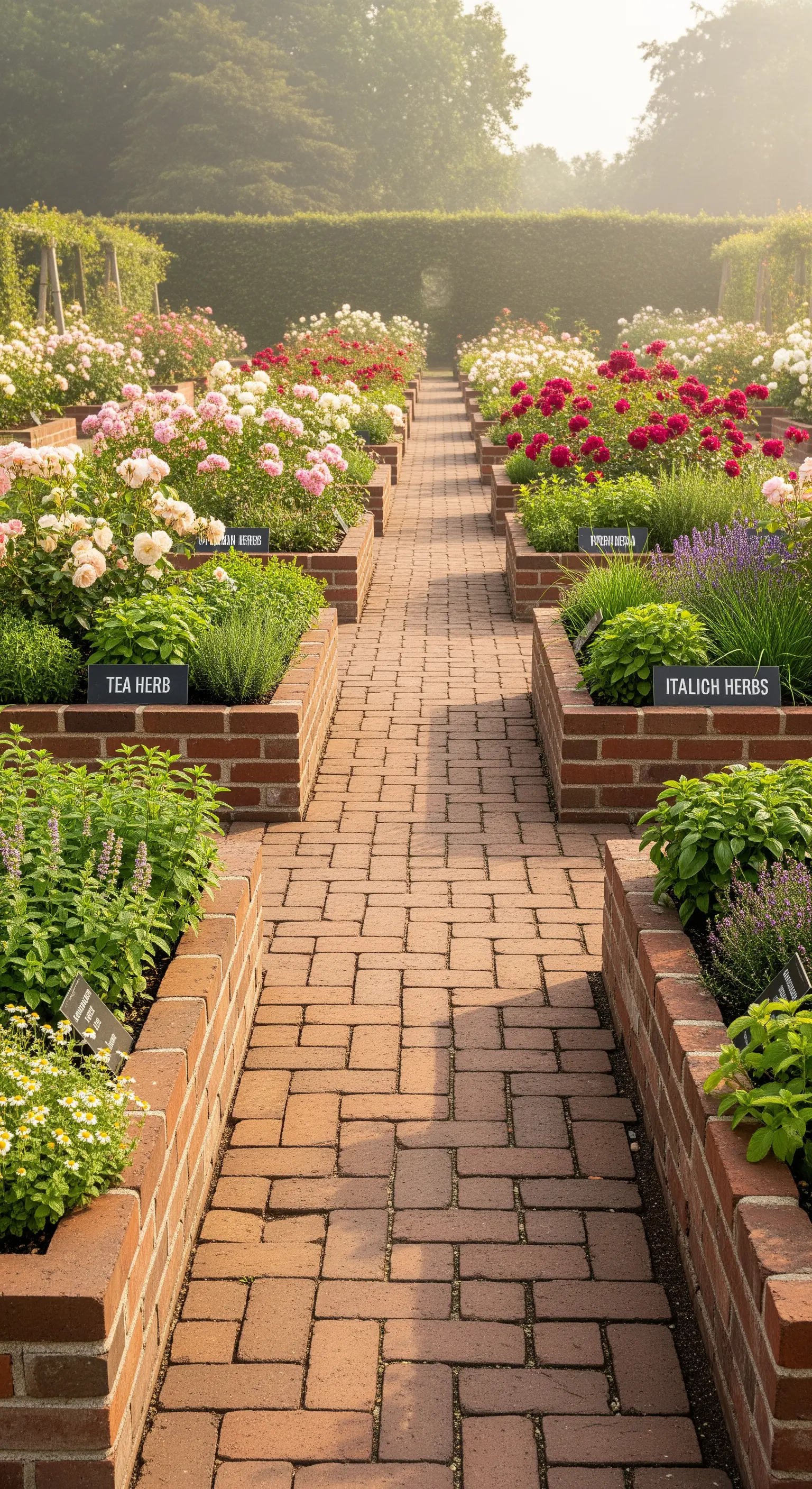 Ziegelpfad, Hochbeete, Rosen, Lavendel, Minze, strukturierter Garten.