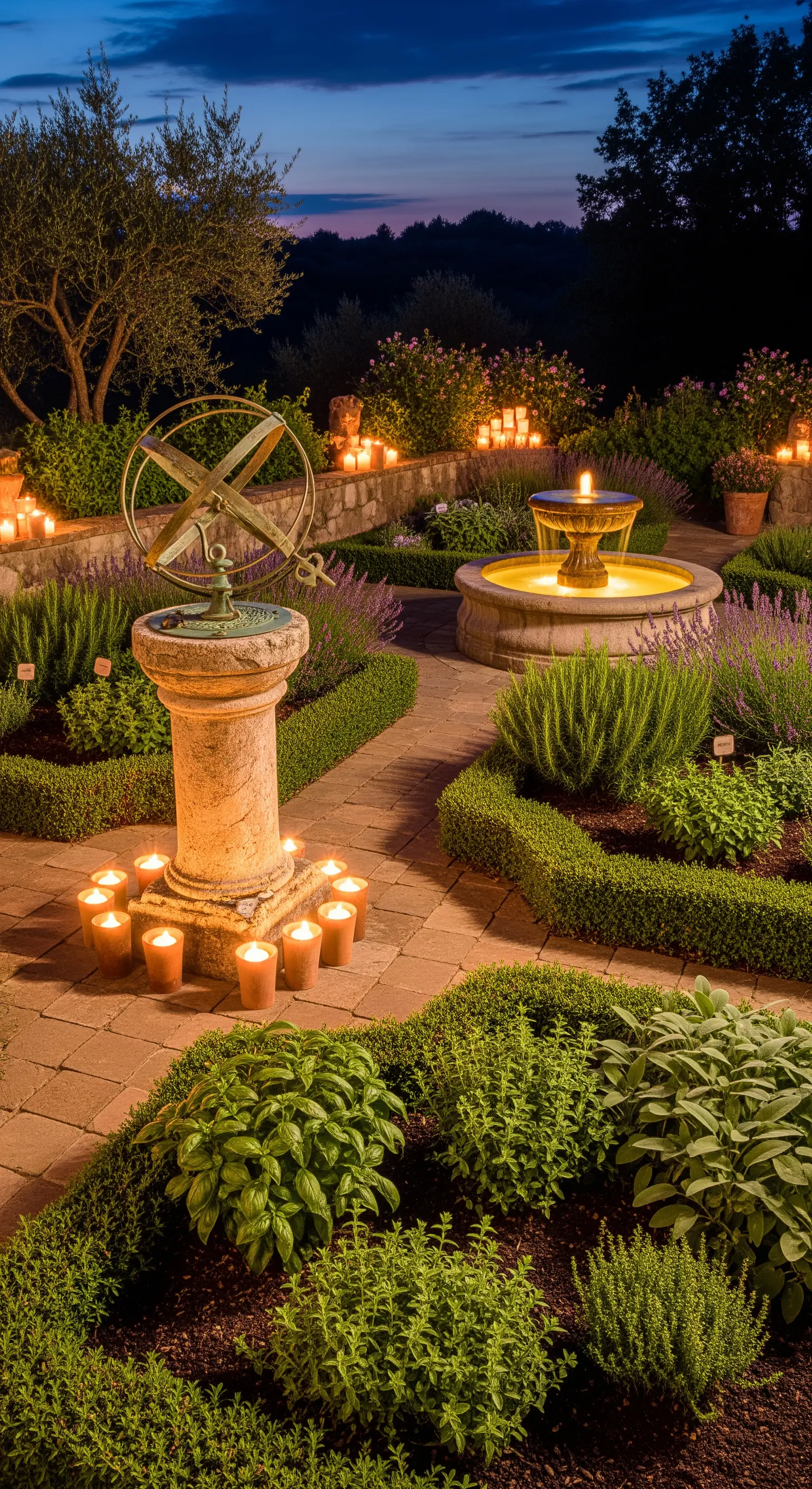 Kräutergarten mit Buchsbaumhecken, Sonnenuhr, Brunnen und vielen Kerzen