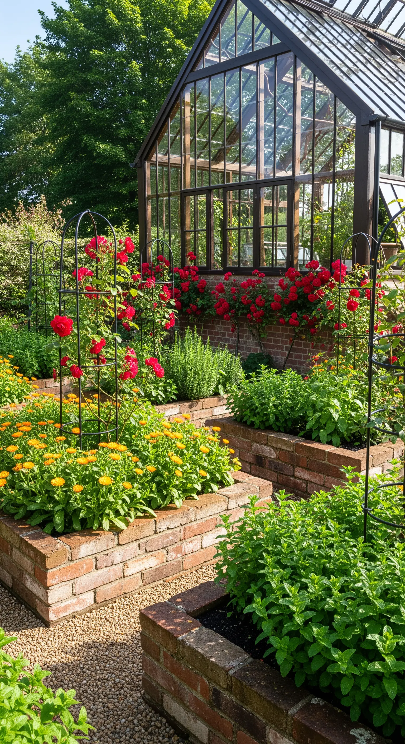 Ziegelhochbeete, rote Rosen, Kräuter, Gewächshaus, englischer Garten.