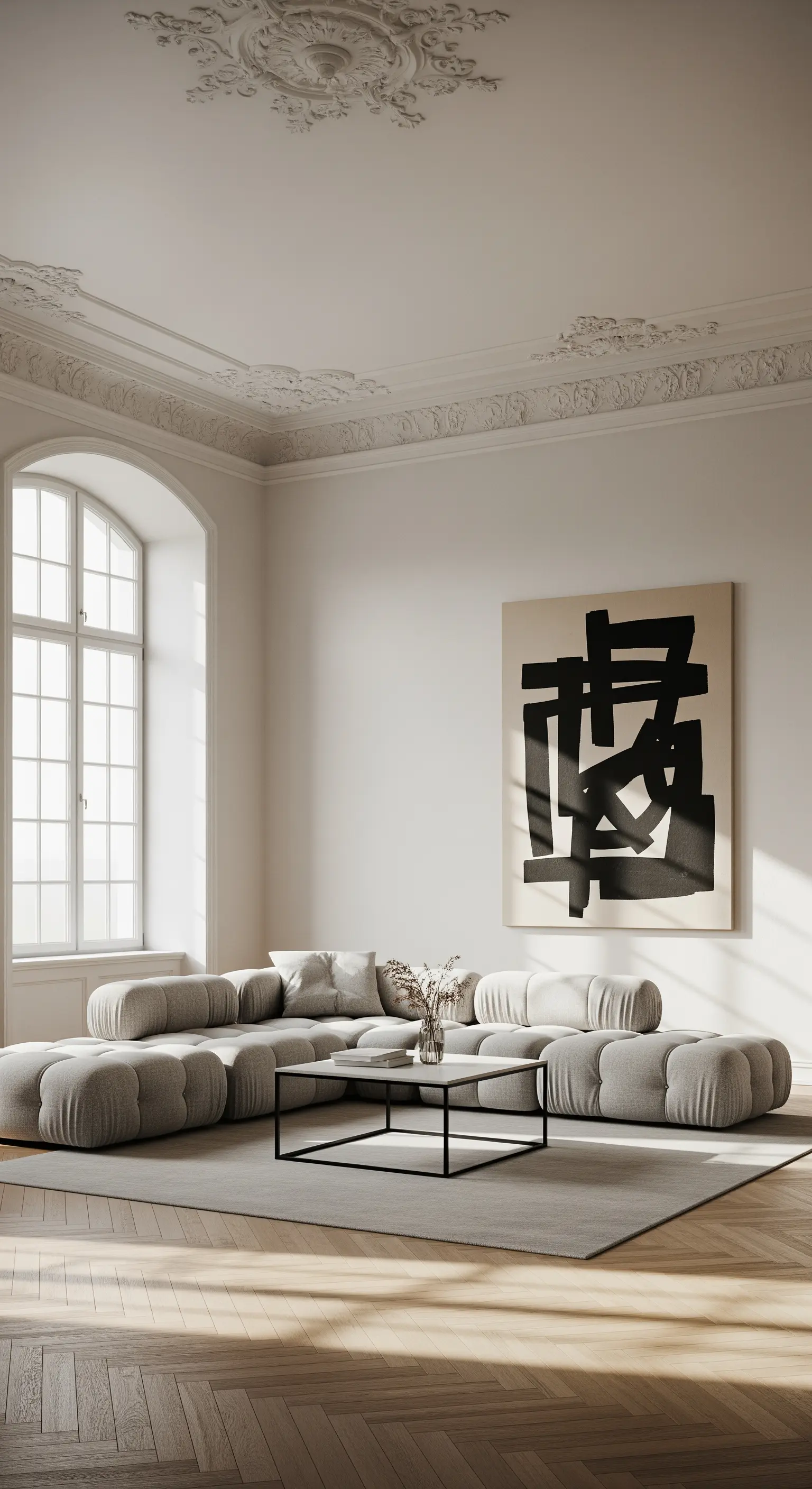 Wohnzimmer im Altbau mit Stuckdecke und modernem, grauem Sofa.