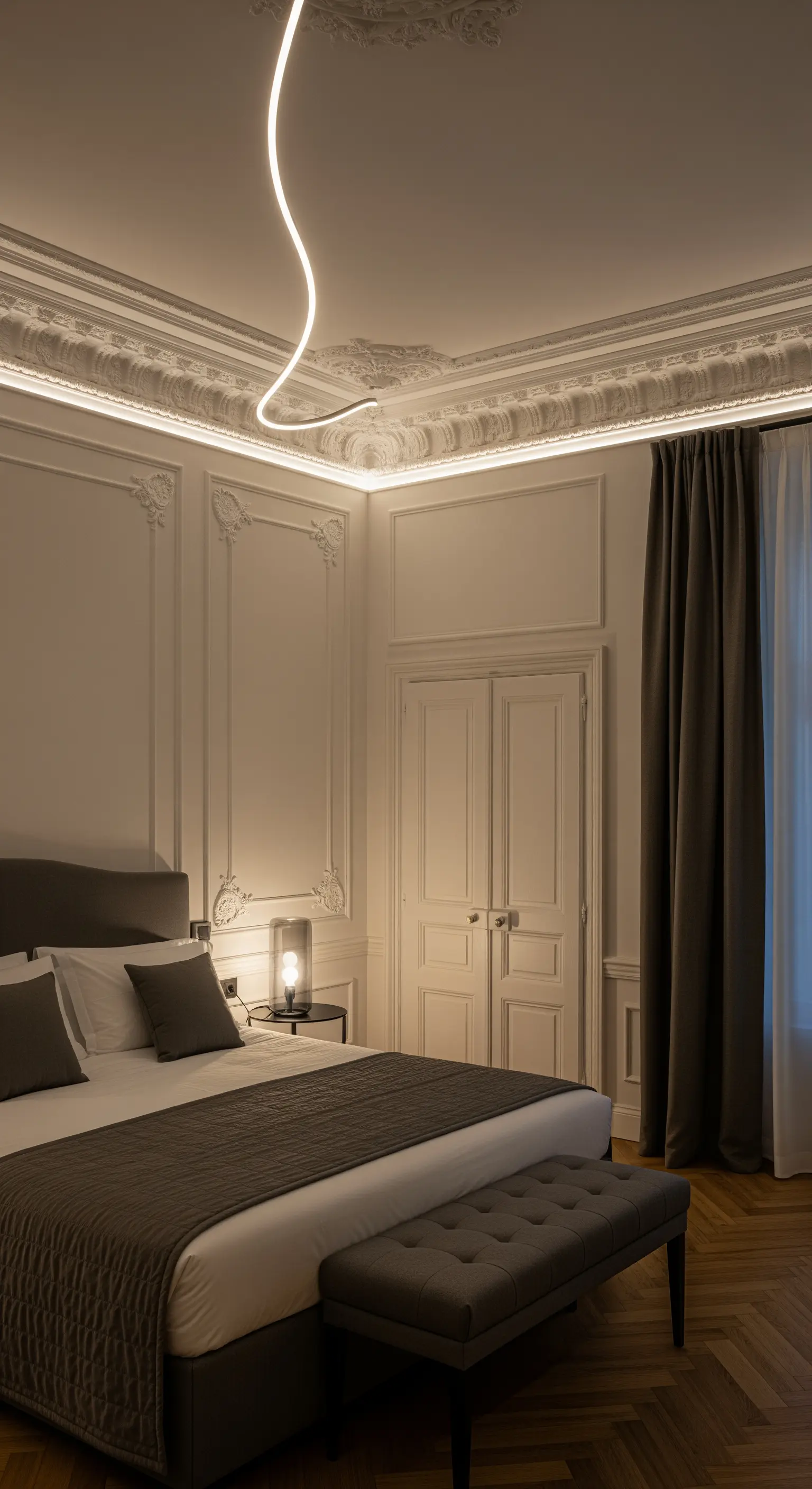 Klassisches Schlafzimmer mit Stuckdecke, die durch indirekte LED-Beleuchtung hervorgehoben wird.