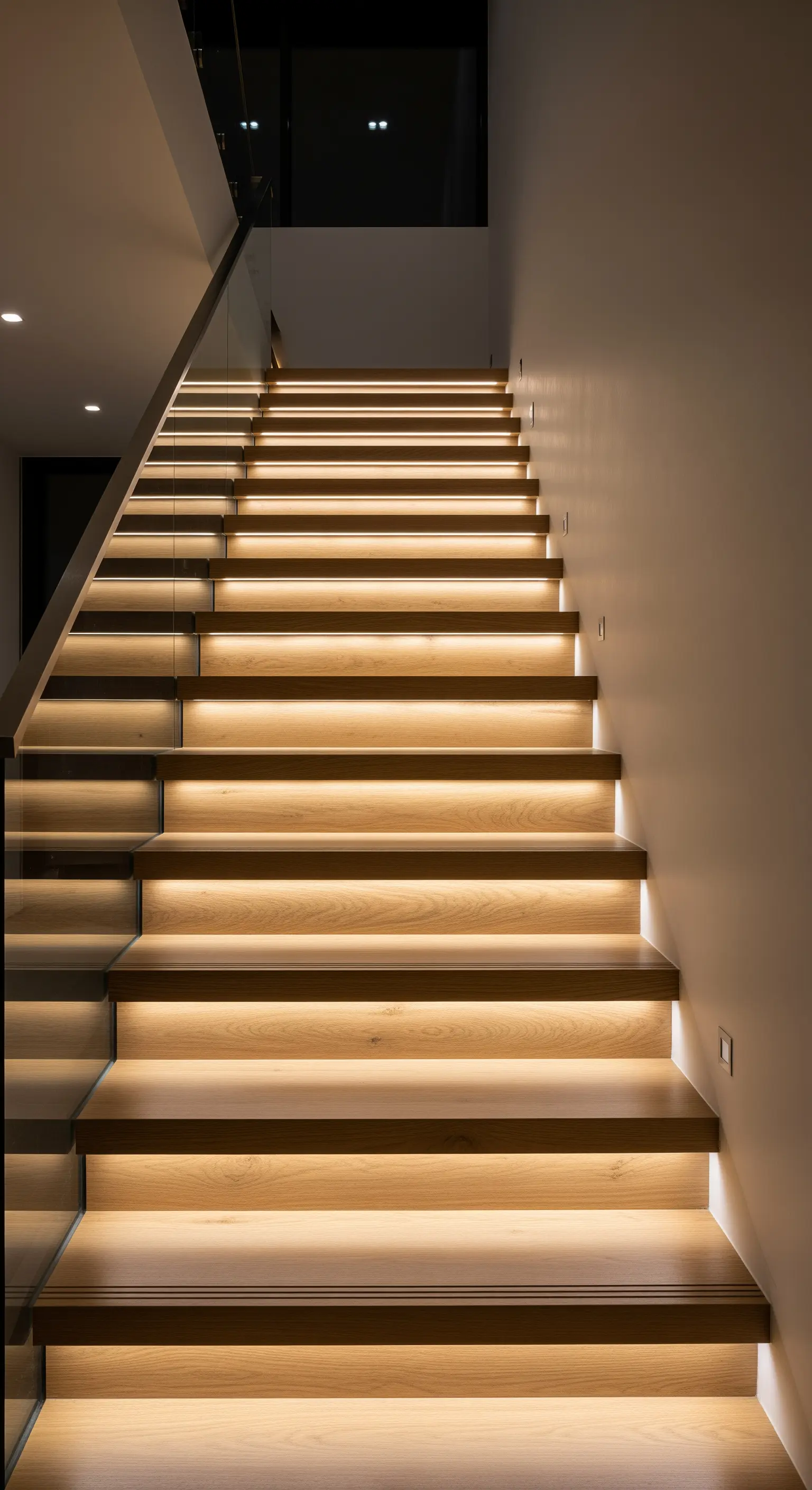 Moderne Holztreppe mit integrierter LED-Beleuchtung unter jeder einzelnen Stufe.