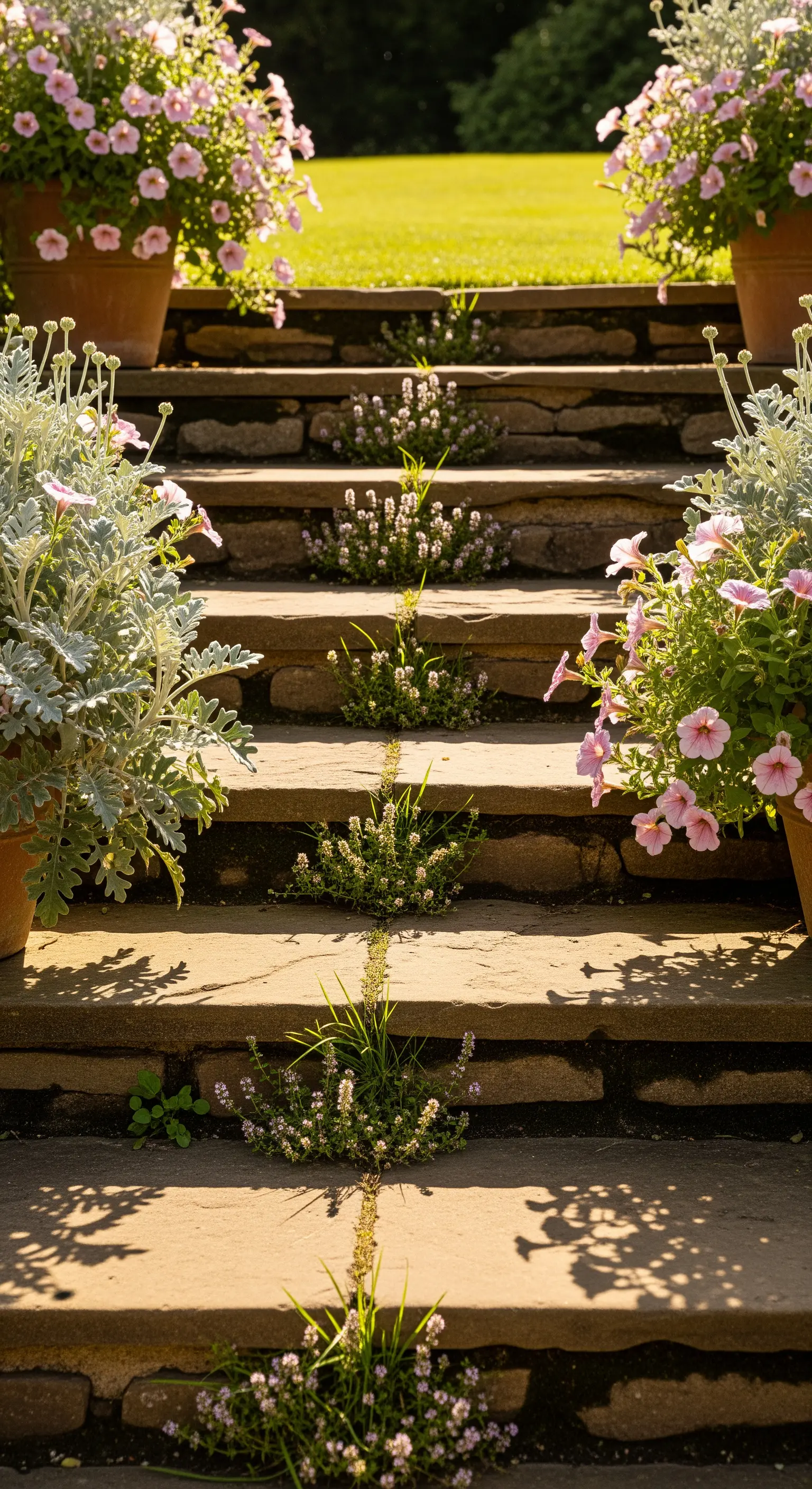 Steinstufen mit Pflanzen in den Ritzen und rosa Petunien in Terrakottatöpfen