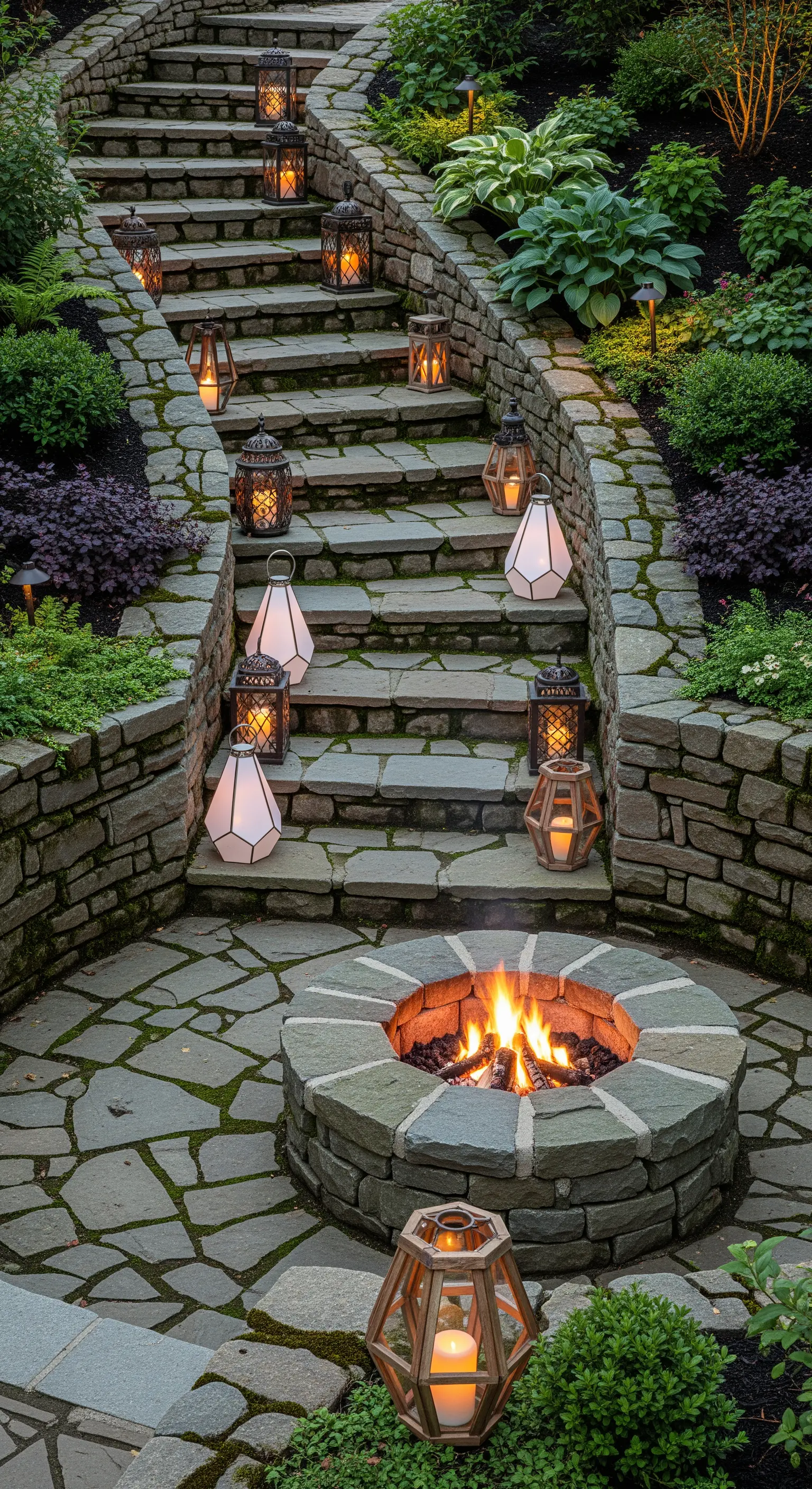 Steintreppe mit Laternen und einer runden Feuerstelle in der Mitte.