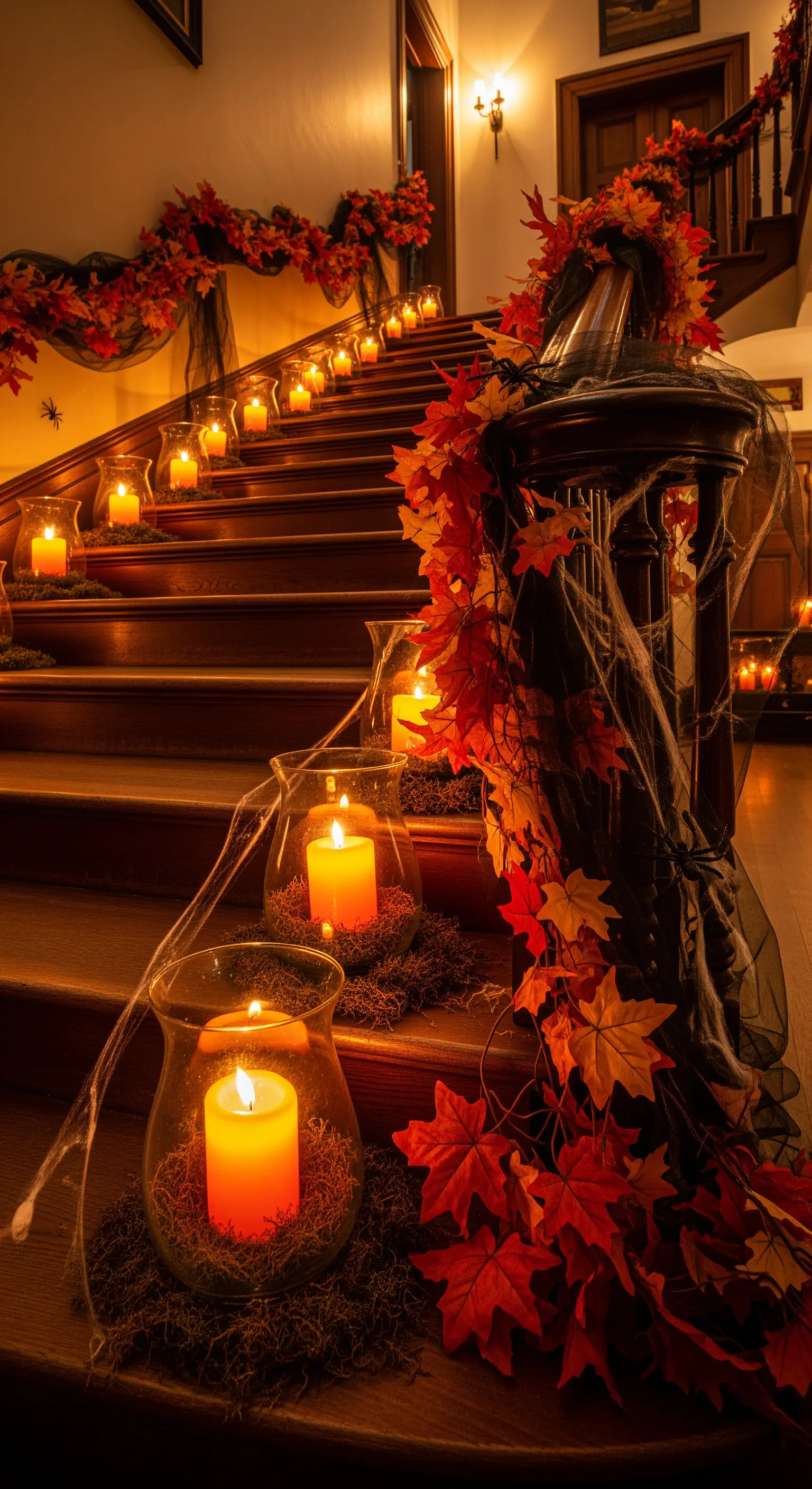 Treppendeko mit Herbstgirlanden, Spinnweben und Windlichtern mit Kerzen