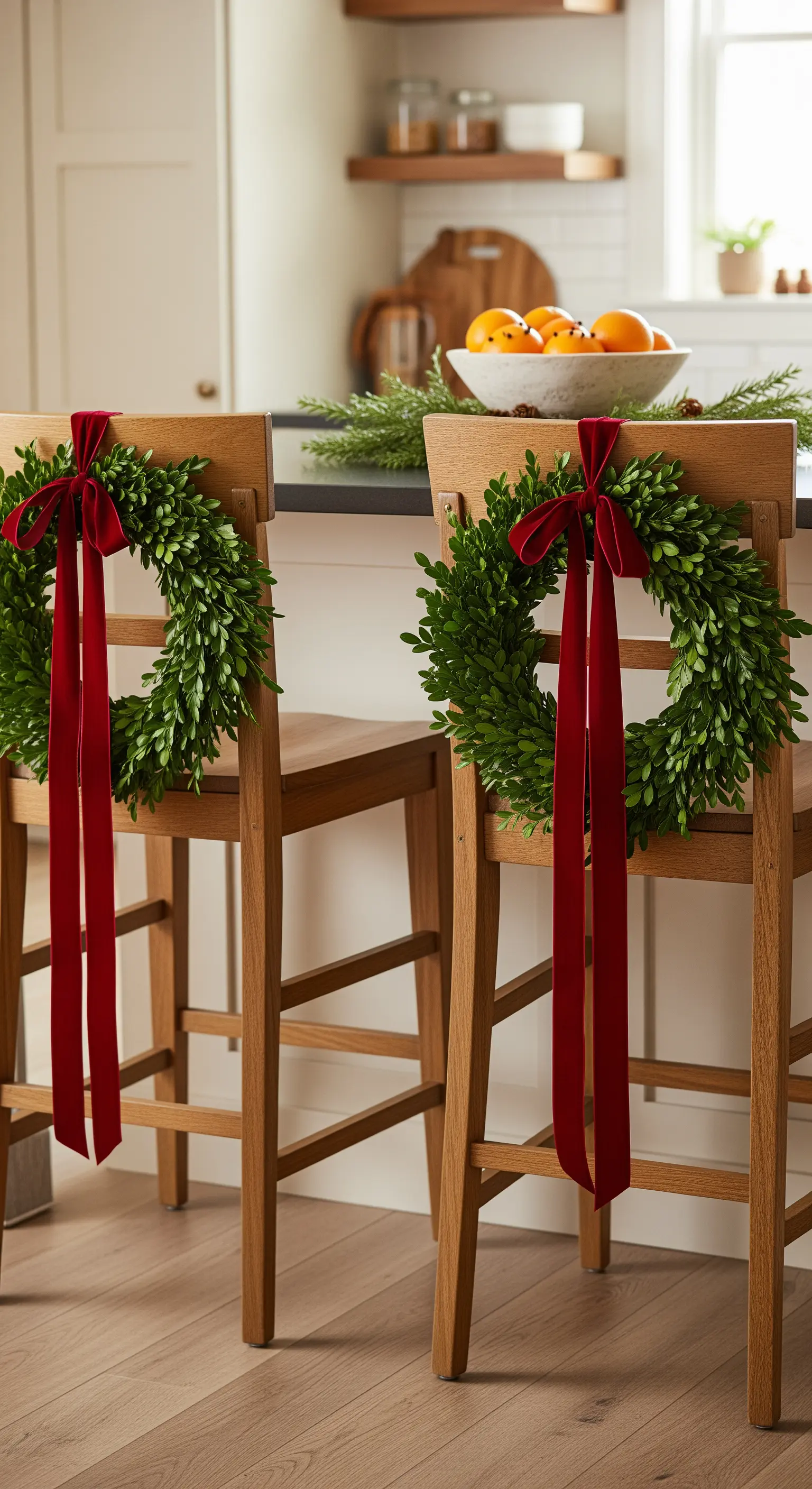 Barhocker mit Buchsbaumkränzen und roten Samtbändern für festliche Akzente.