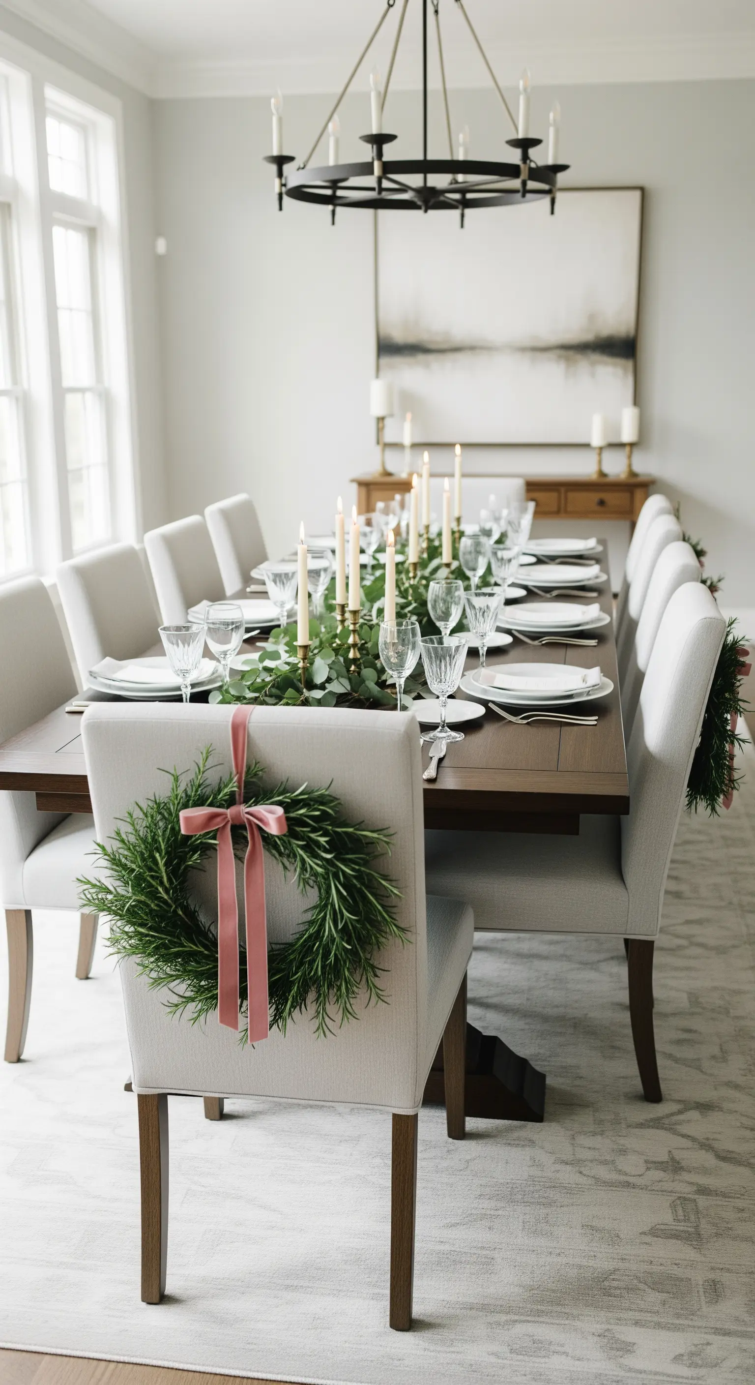 Esszimmerstuhl mit einem grünen Kranz, der mit einem rosa Satinband gebunden ist.